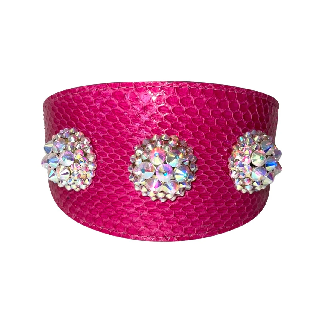 Fuchsia Snake Wide Style Collar With 3 Custom Swarovski Crystal Rivets - Image 3
