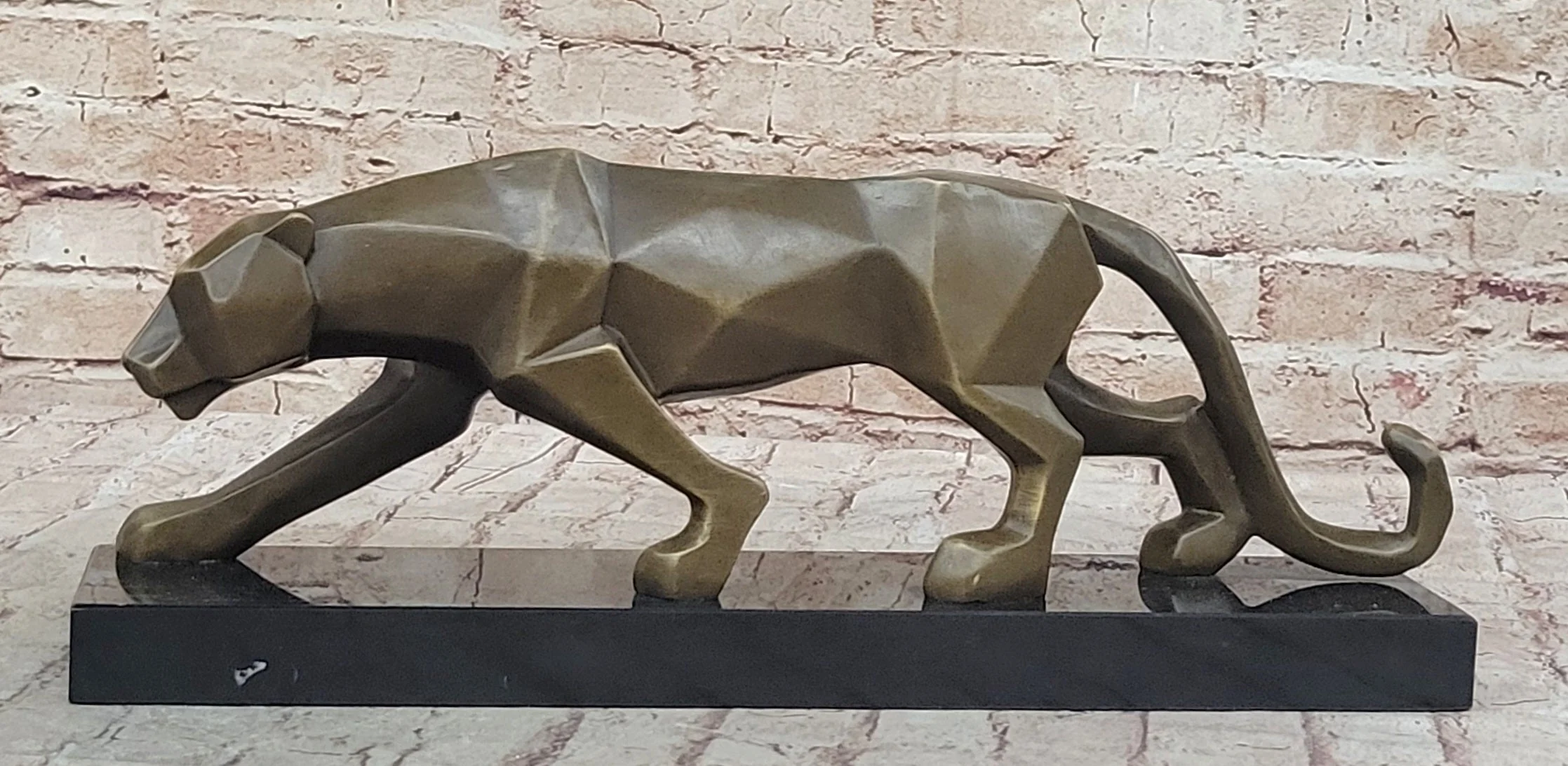 Geometric Modern Art Bronze Sculpture of a Lion Cougar Puma on Marble Base