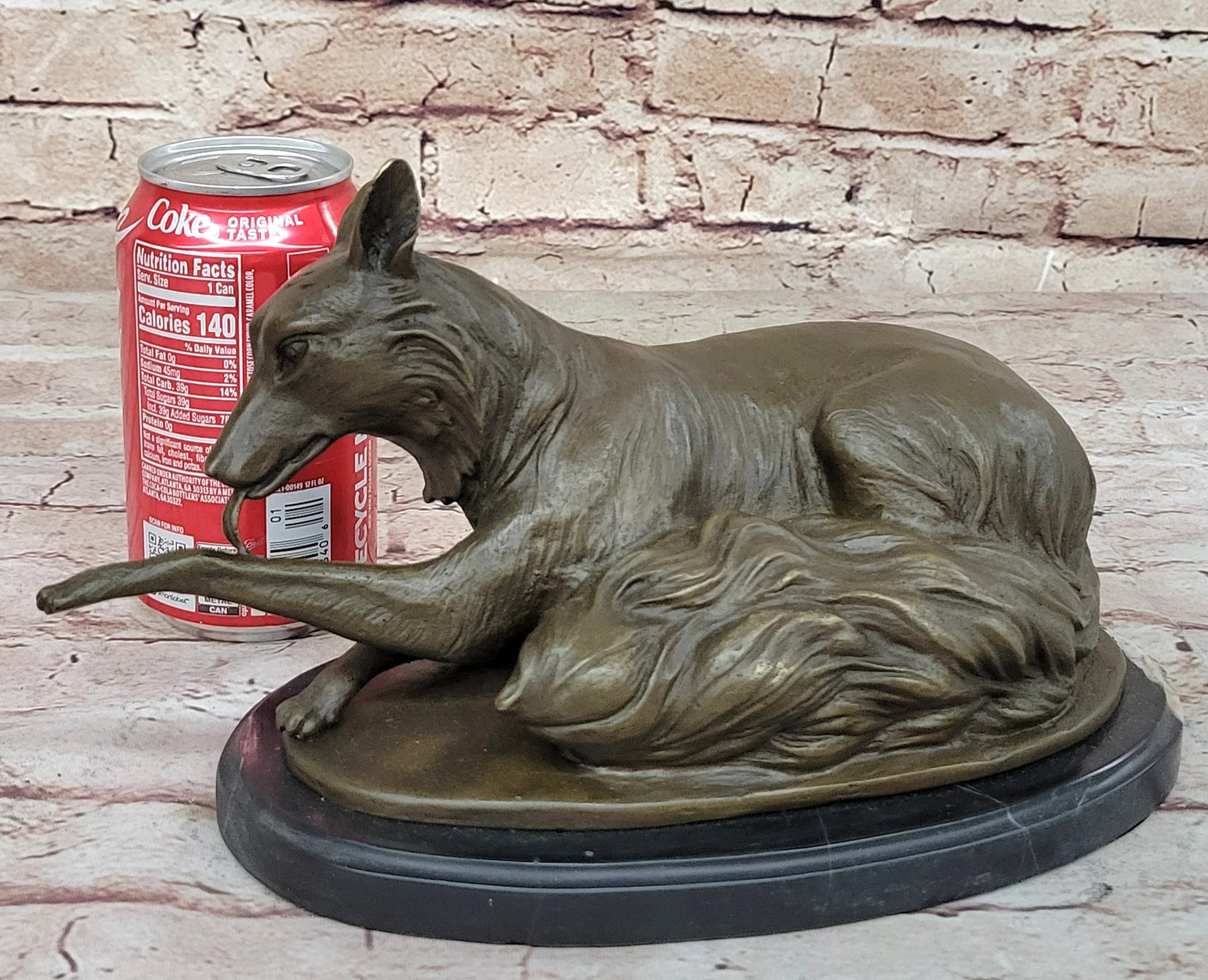 German Shepherd Bushy Tailed Dog Licking Paw Bronze Statue Sculpture Original Milo - Image 2