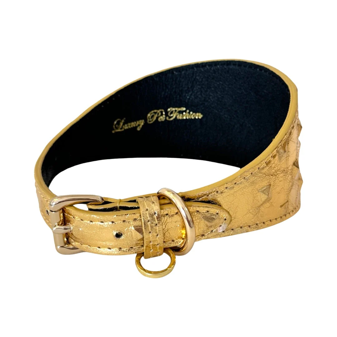 Glam Gold Embossed Studded Italian Leather 3” Wide Style Collar - Image 2