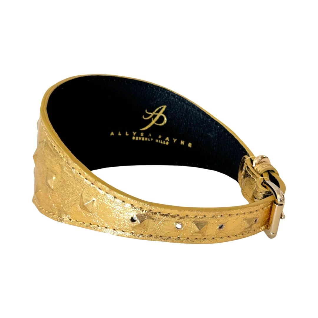 Glam Gold Embossed Studded Italian Leather 3” Wide Style Collar - Image 3