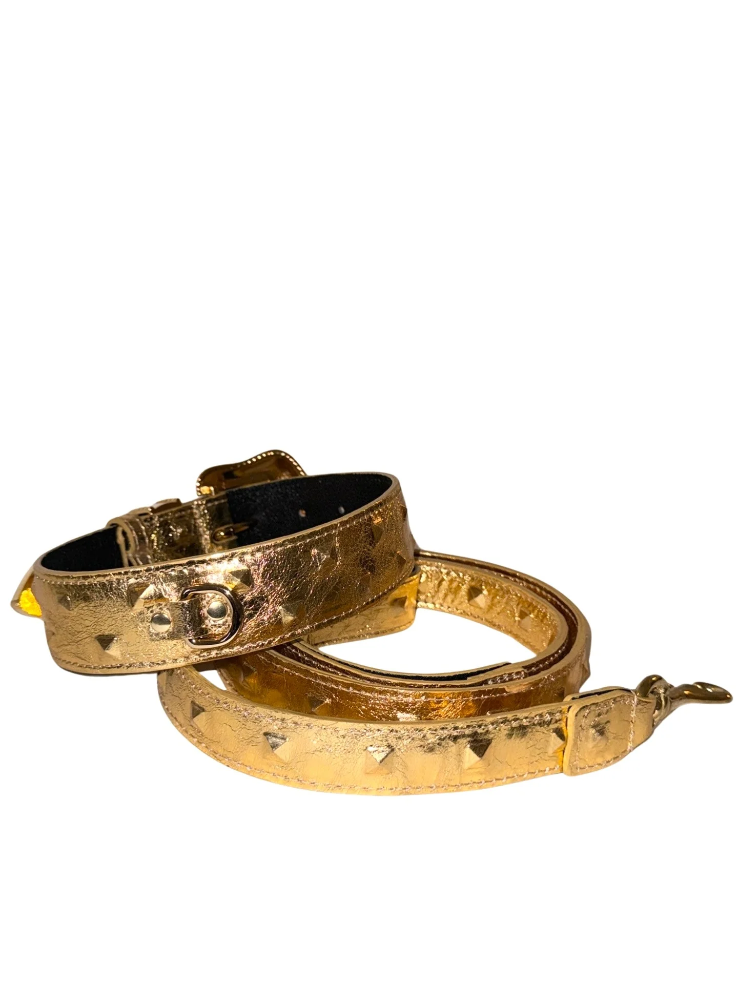 Glam Gold Embossed Studded Italian Leather Collar & Leash Set With Our Custom Swarovski Crystal Buckle - Image 2