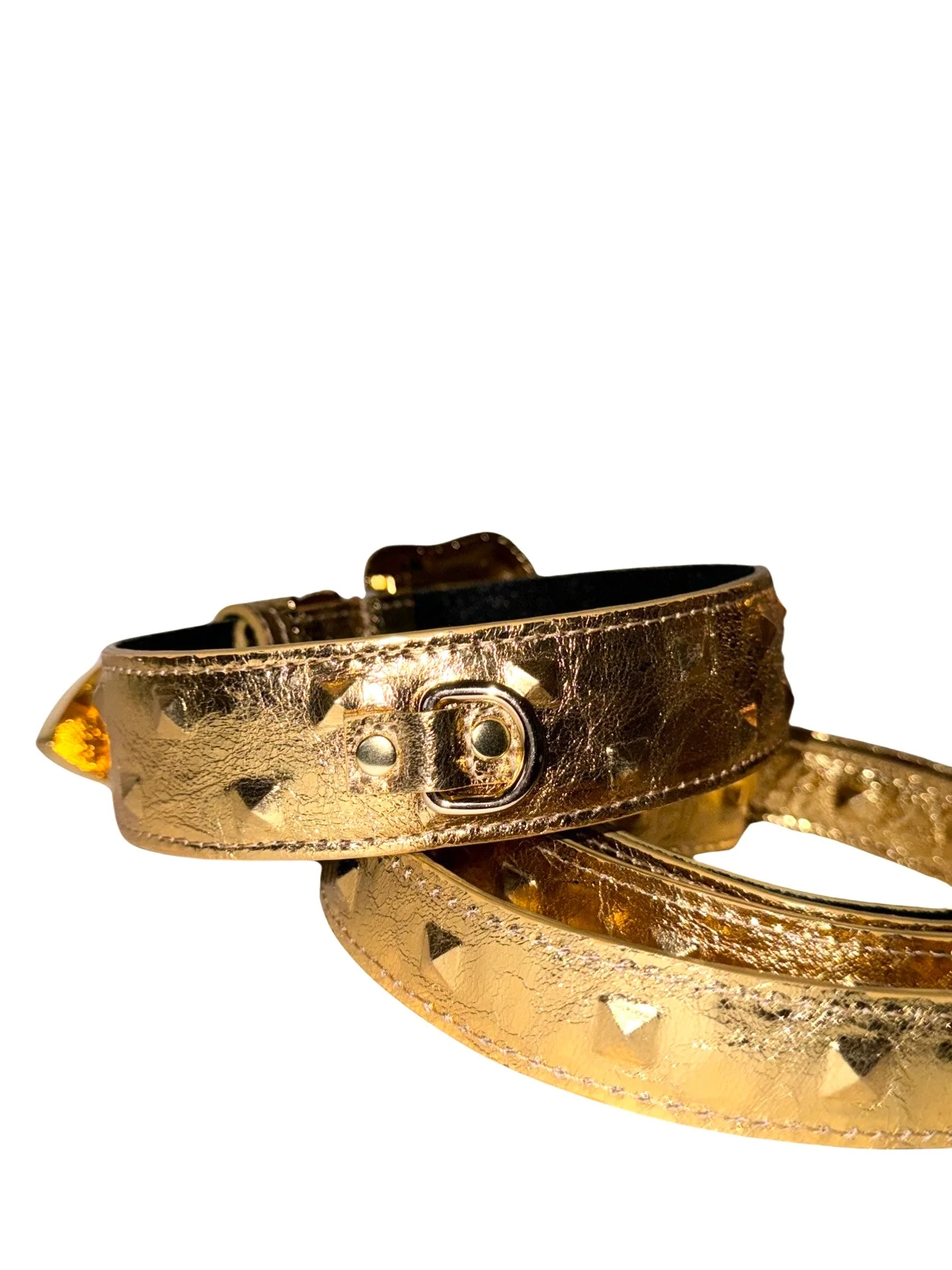 Glam Gold Embossed Studded Italian Leather Collar & Leash Set With Our Custom Swarovski Crystal Buckle - Image 4