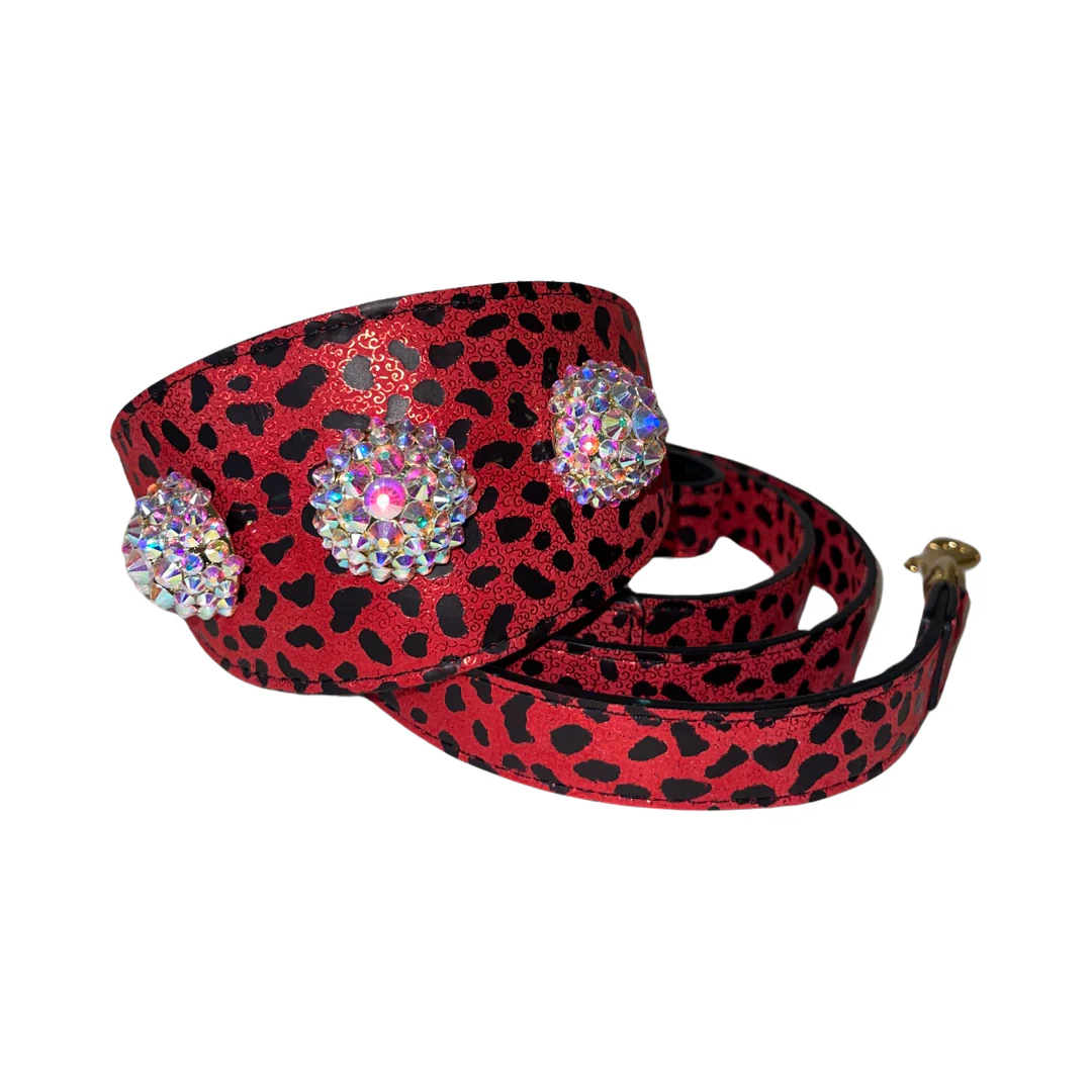 Glam Red & Black Leopard Print Italian Leather Collar & Leash Set - Image 2