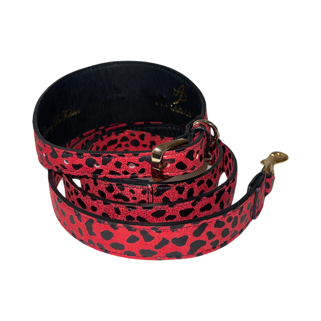 Glam Red & Black Leopard Print Italian Leather Collar & Leash Set - Image 4