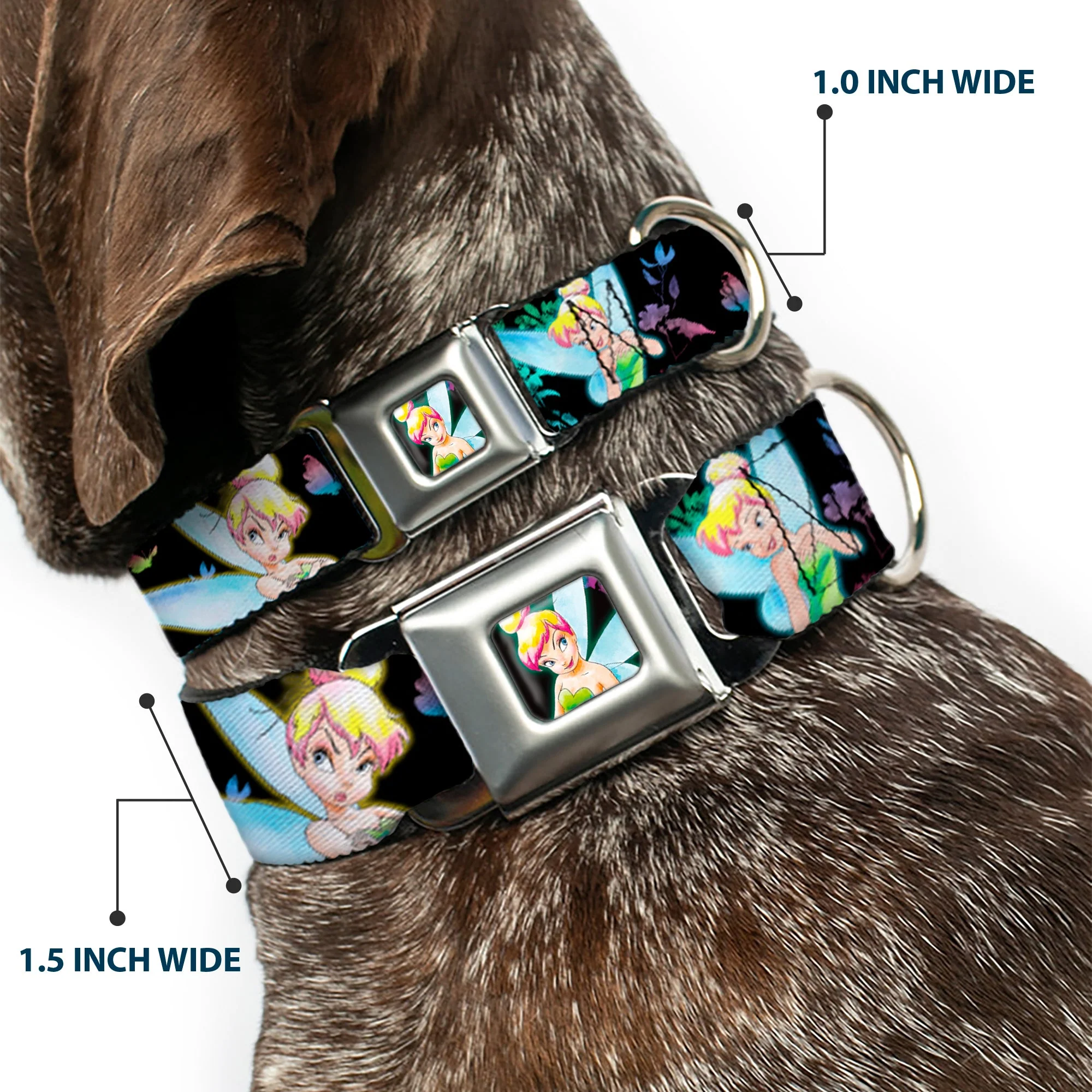 Glowing Tinker Bell Pose Full Color Seatbelt Buckle Collar - Glowing Tinker Bell Poses/Butterflies & Flowers Black/Multi Neon - Image 2