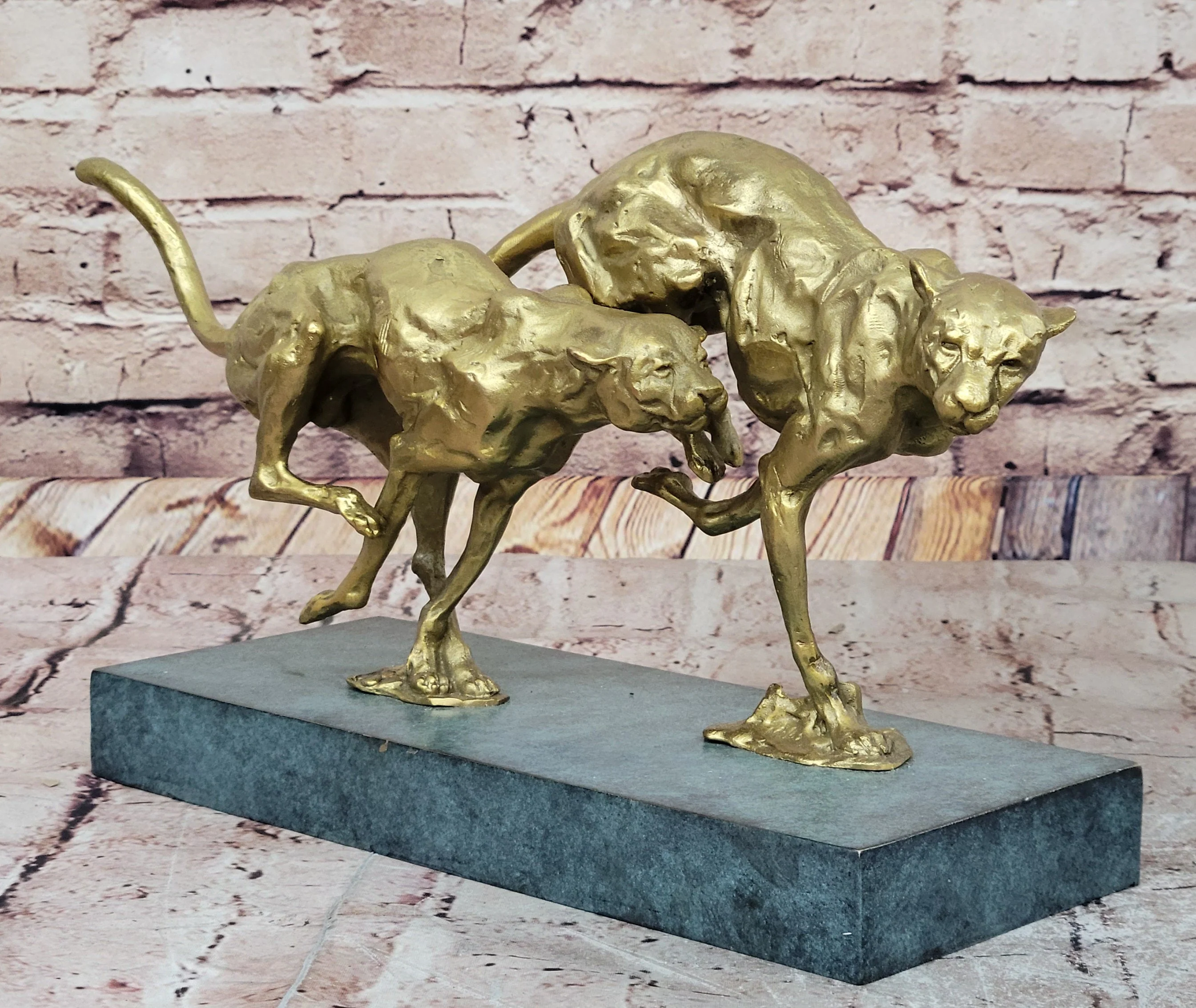 Golden Cheetah Big Cats Duo Running Bronze Sculpture on Marble Base by Milo - Image 3