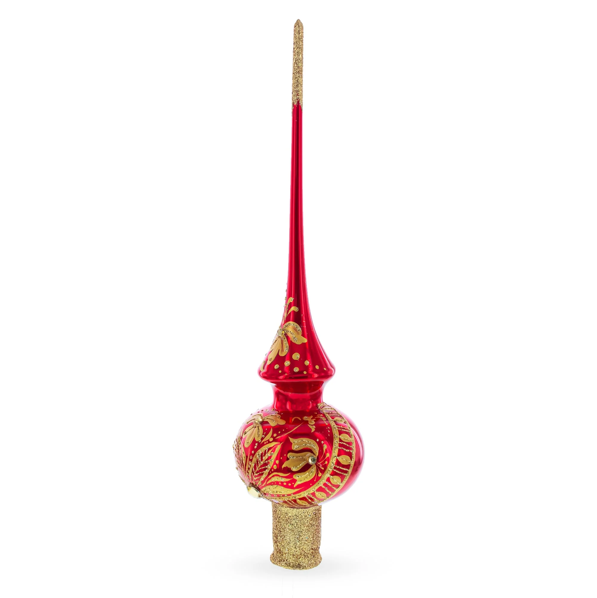 Golden Flowers Bouquet on Glossy Red Glass Christmas Tree Topper 11 Inches - Image 2