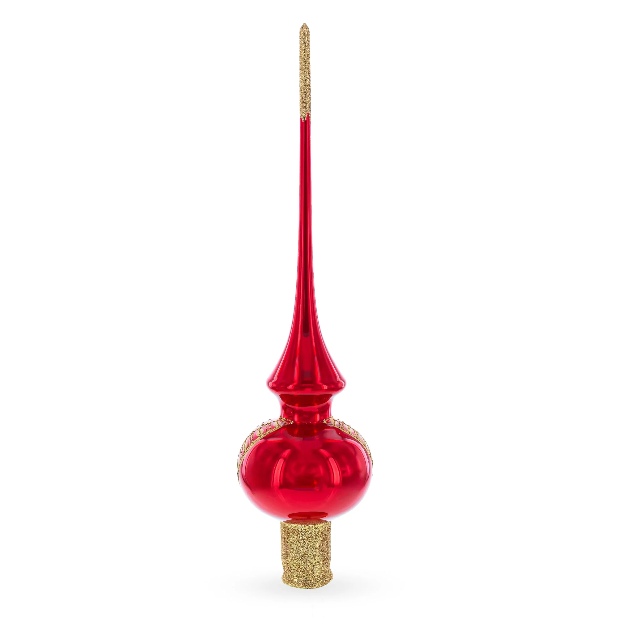 Golden Flowers Bouquet on Glossy Red Glass Christmas Tree Topper 11 Inches - Image 3