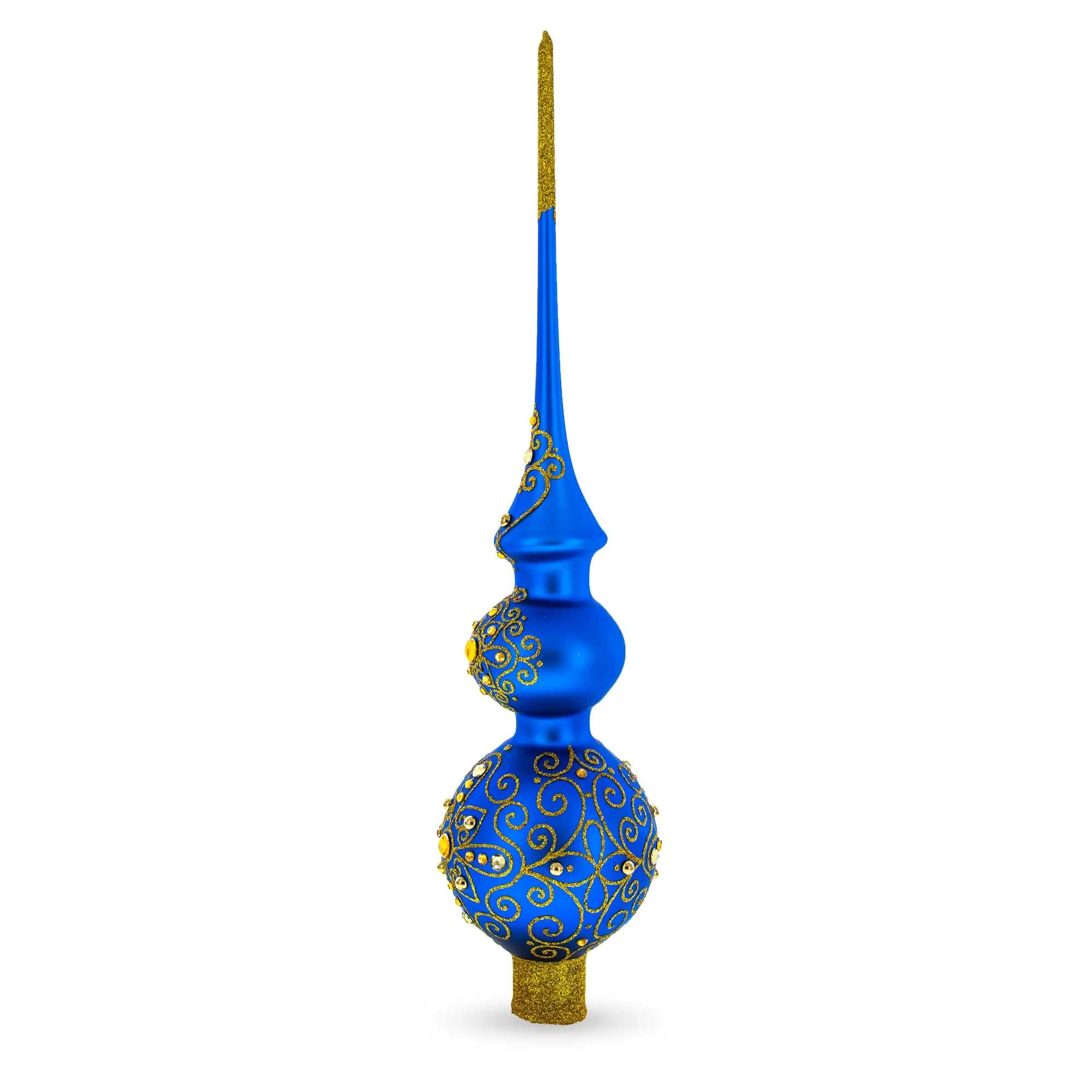 Golden Swirls on Blue Double Ball Glass Christmas Tree Topper 16 Inches - Image 2