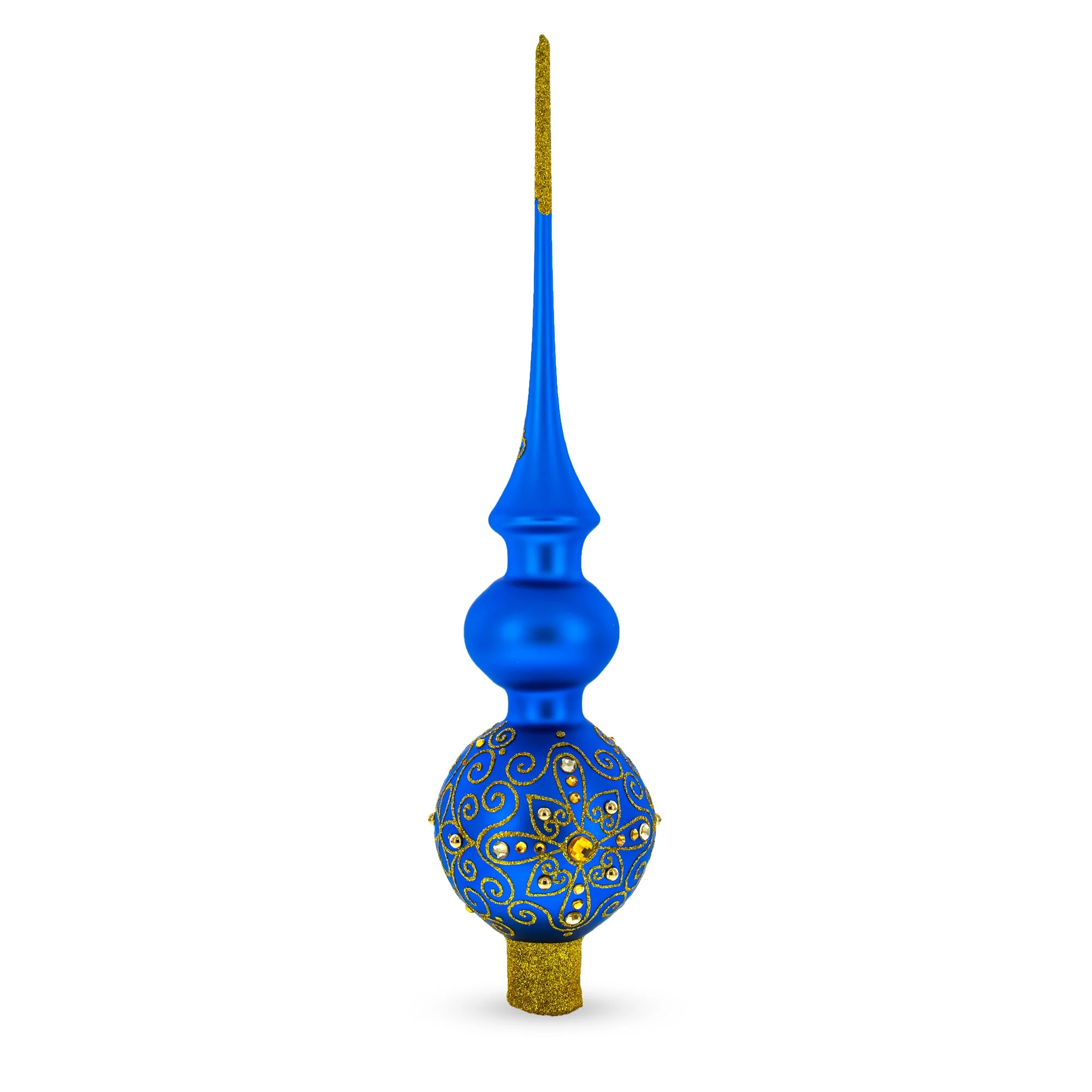 Golden Swirls on Blue Double Ball Glass Christmas Tree Topper 16 Inches - Image 3
