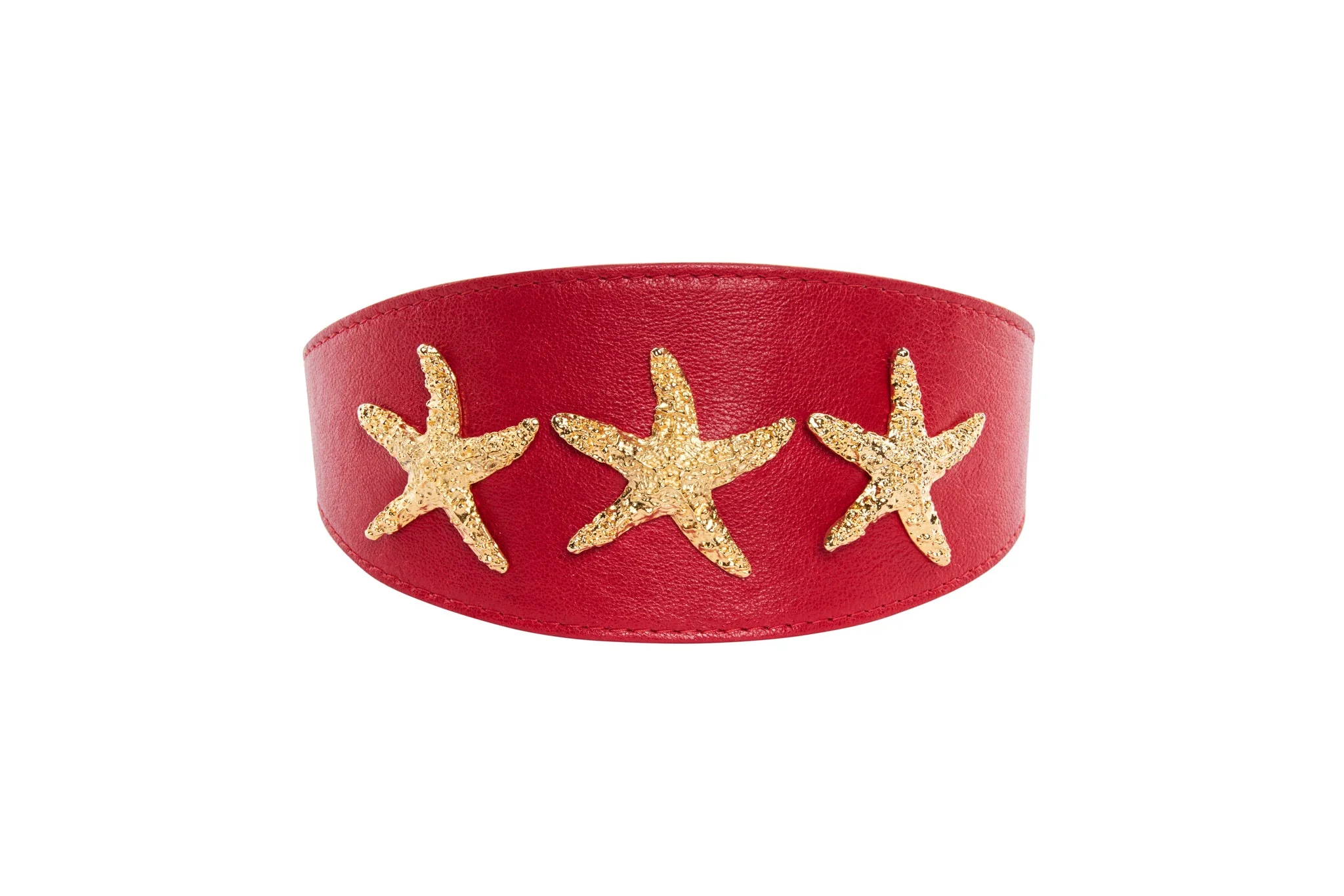 Gorgeous Red Italian Leather 3” Wide Style Collar With Custom Gold Starfish - Image 2