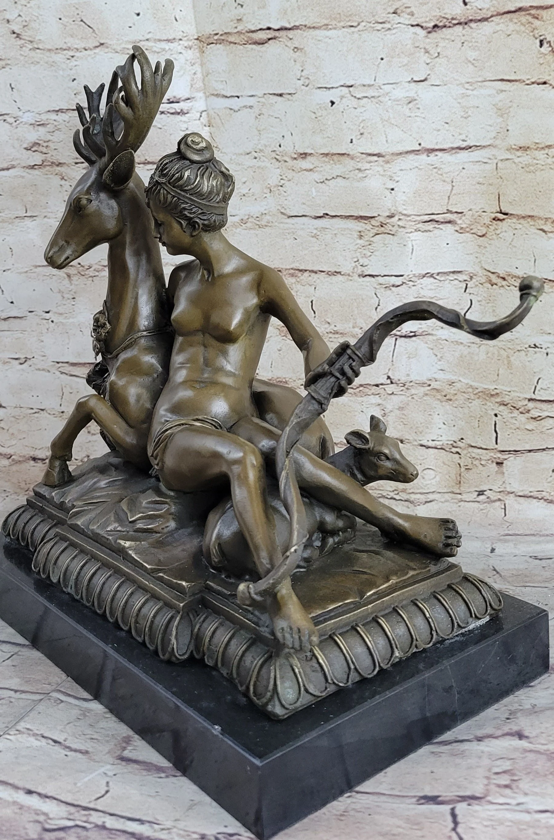 Greek Goddess Artemis Roman Diana Huntress Nude Bronze Sculpture w/ Deer by Milo - Image 3