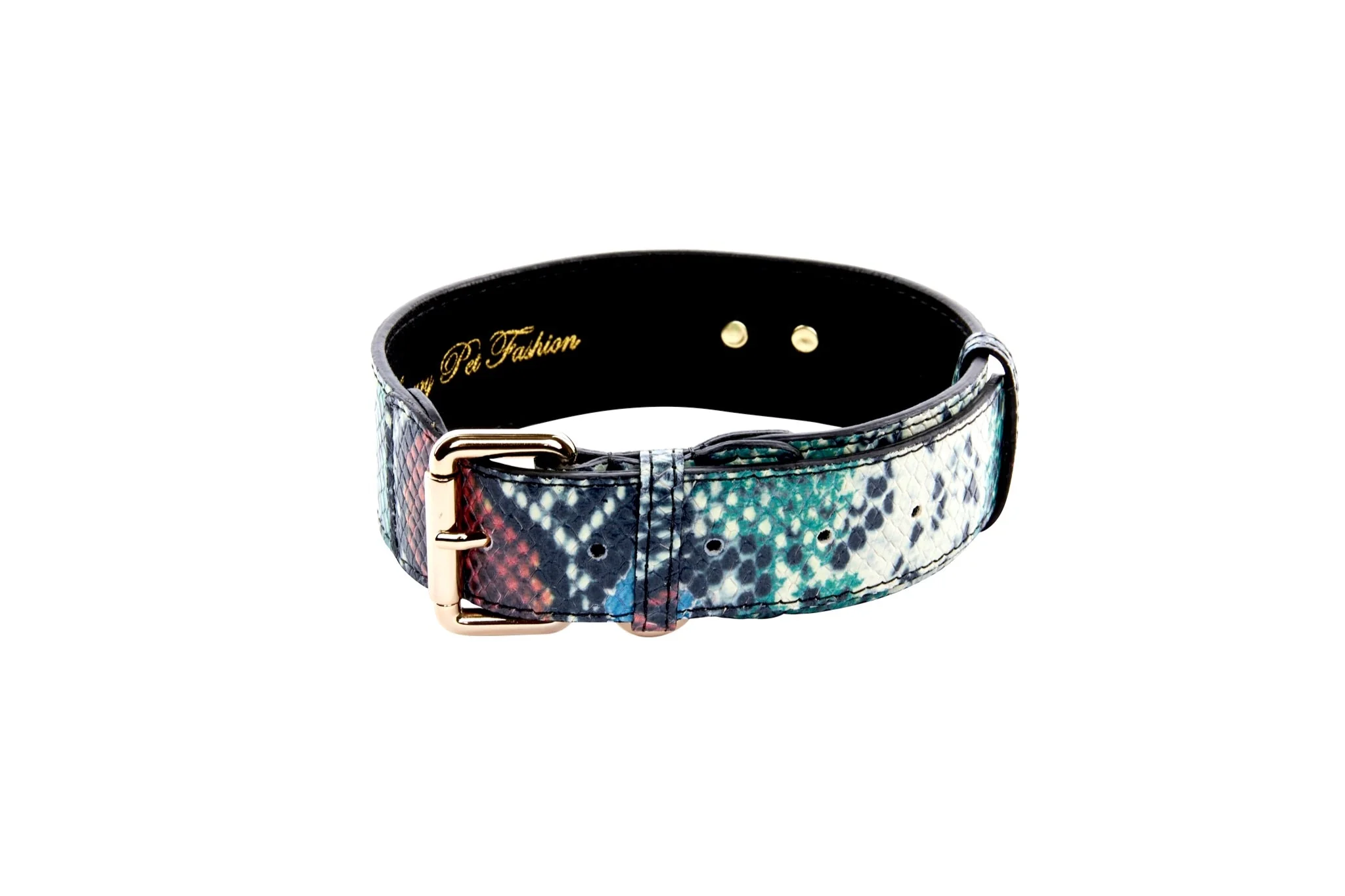 Green, Blue, Black, Red Embossed Snake Italian Leather Collar With Gold Classic Hardware - Image 5