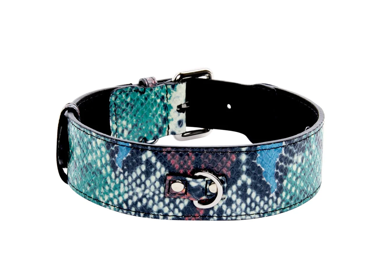 Green, Blue, Black, Red Embossed Snake Italian Leather Collar With Gold Classic Hardware - Image 3