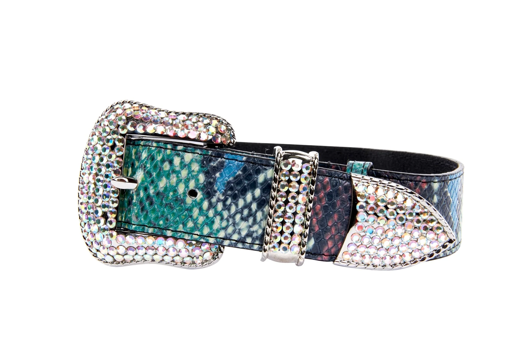 Green, Blue, Black, Red Embossed Snake Italian Leather Collar With Silver Swarovski Hardware