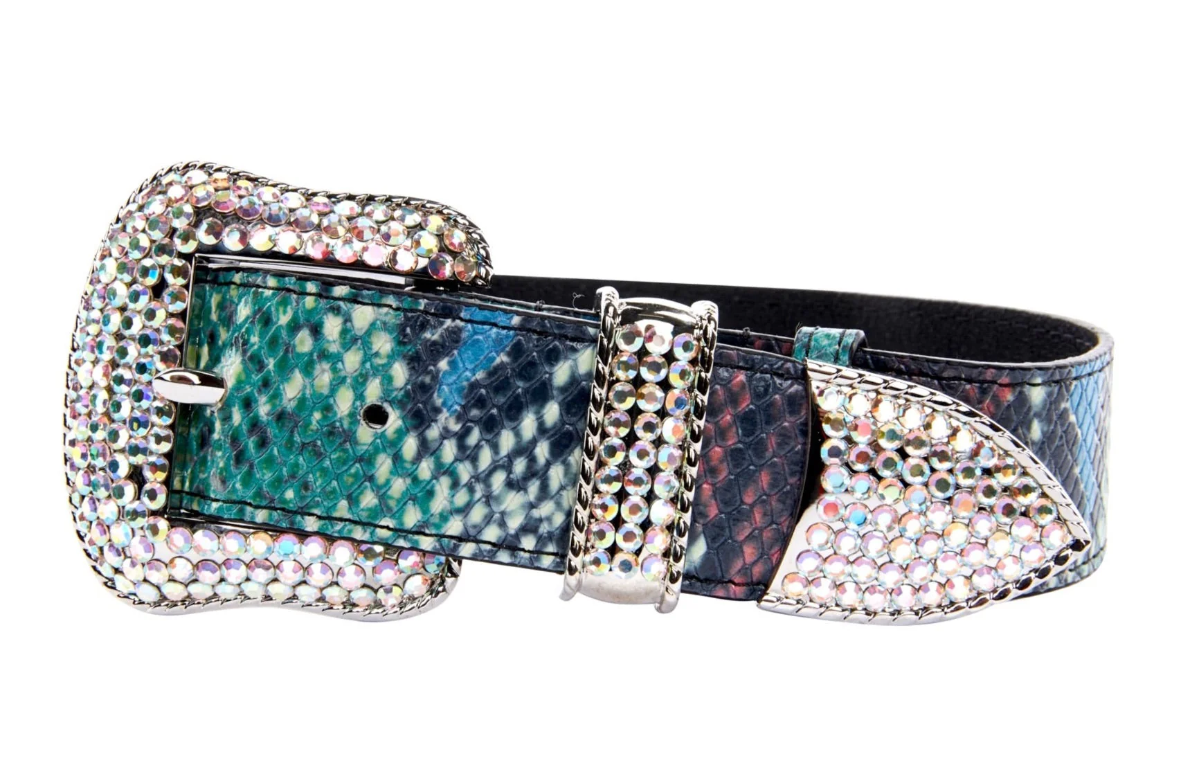 Green, Blue, Black, Red Embossed Snake Italian Leather Collar With Silver Swarovski Hardware - Image 2