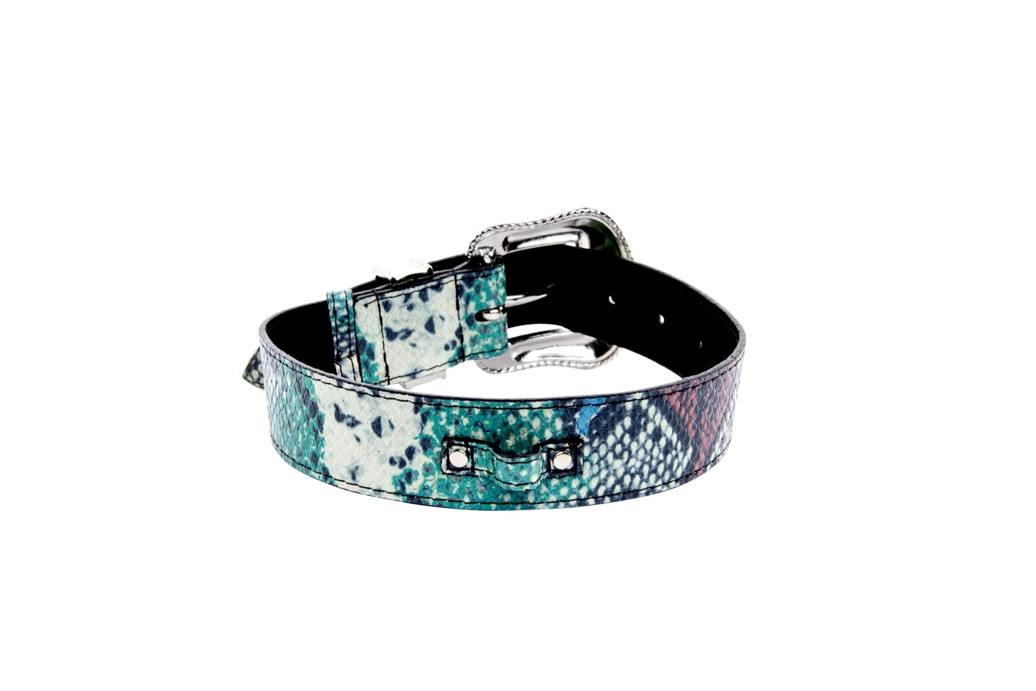Green, Blue, Black, Red Embossed Snake Italian Leather Collar With Silver Swarovski Hardware - Image 3