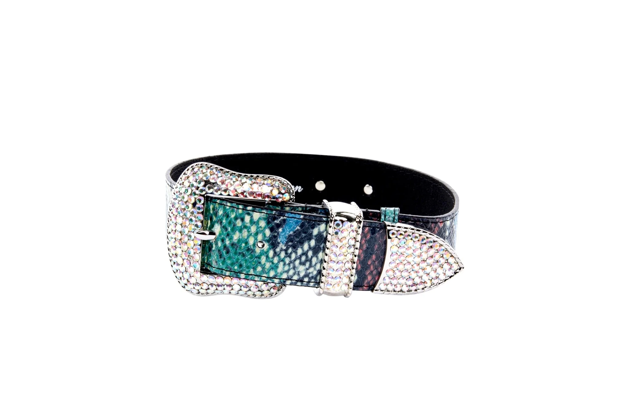 Green, Blue, Black, Red Embossed Snake Italian Leather Collar With Silver Swarovski Hardware - Image 4