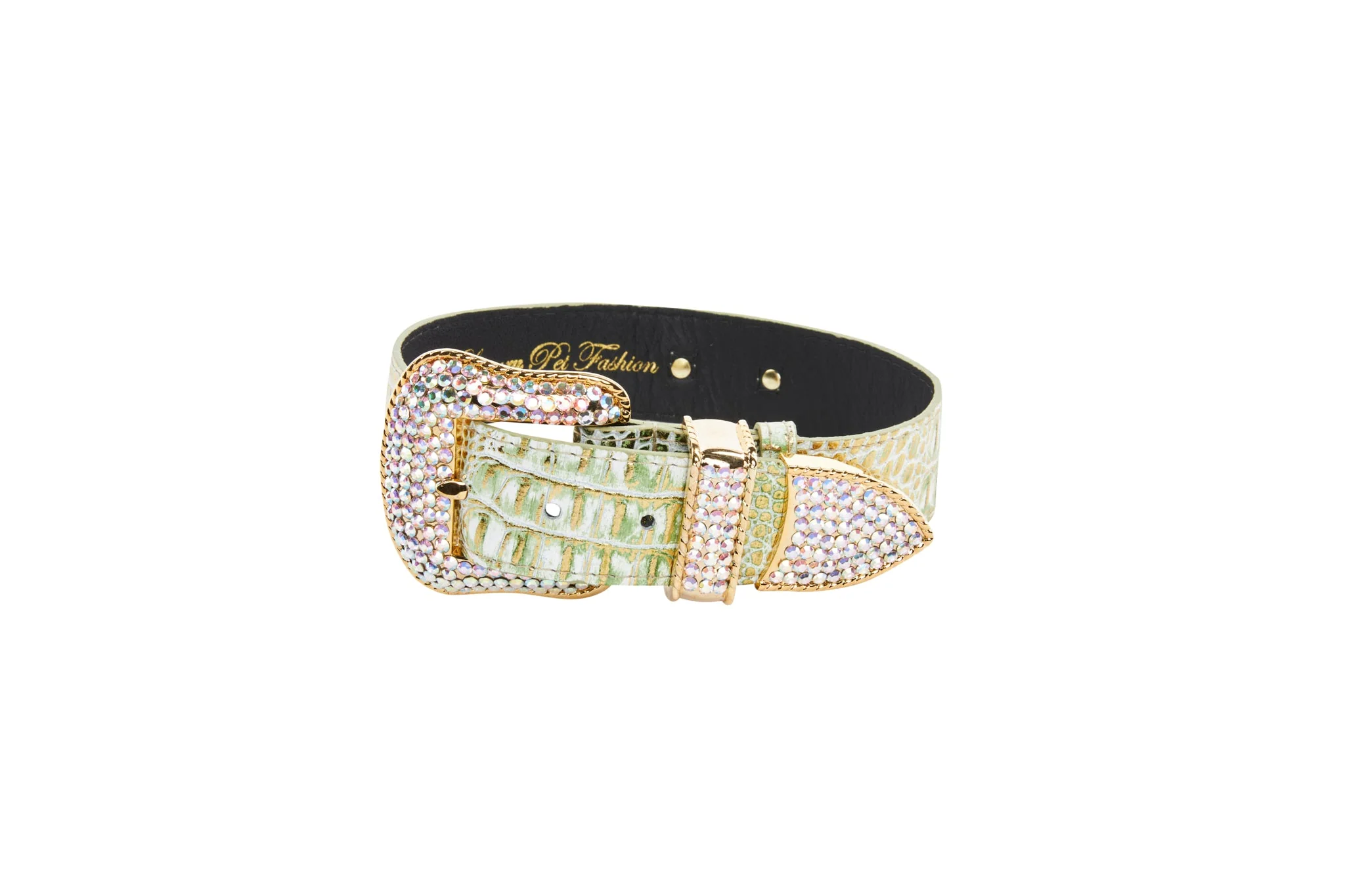 Green & Gold Embossed Croc Italian Leather Swarovski Crystal Collar - Image 2