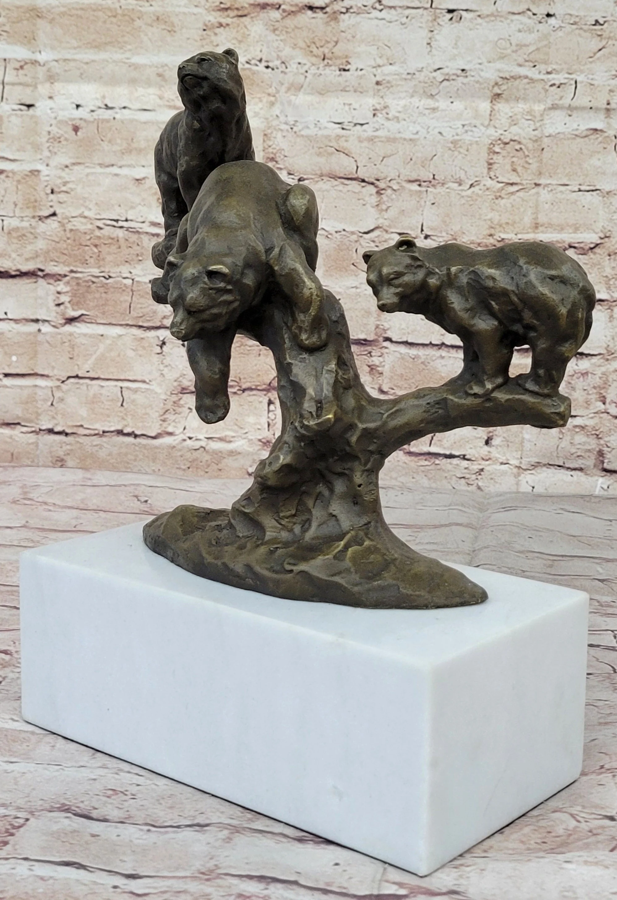Green Patina Bear Family on a tree stump Bronze Sculpture Statue Figurine - Image 4
