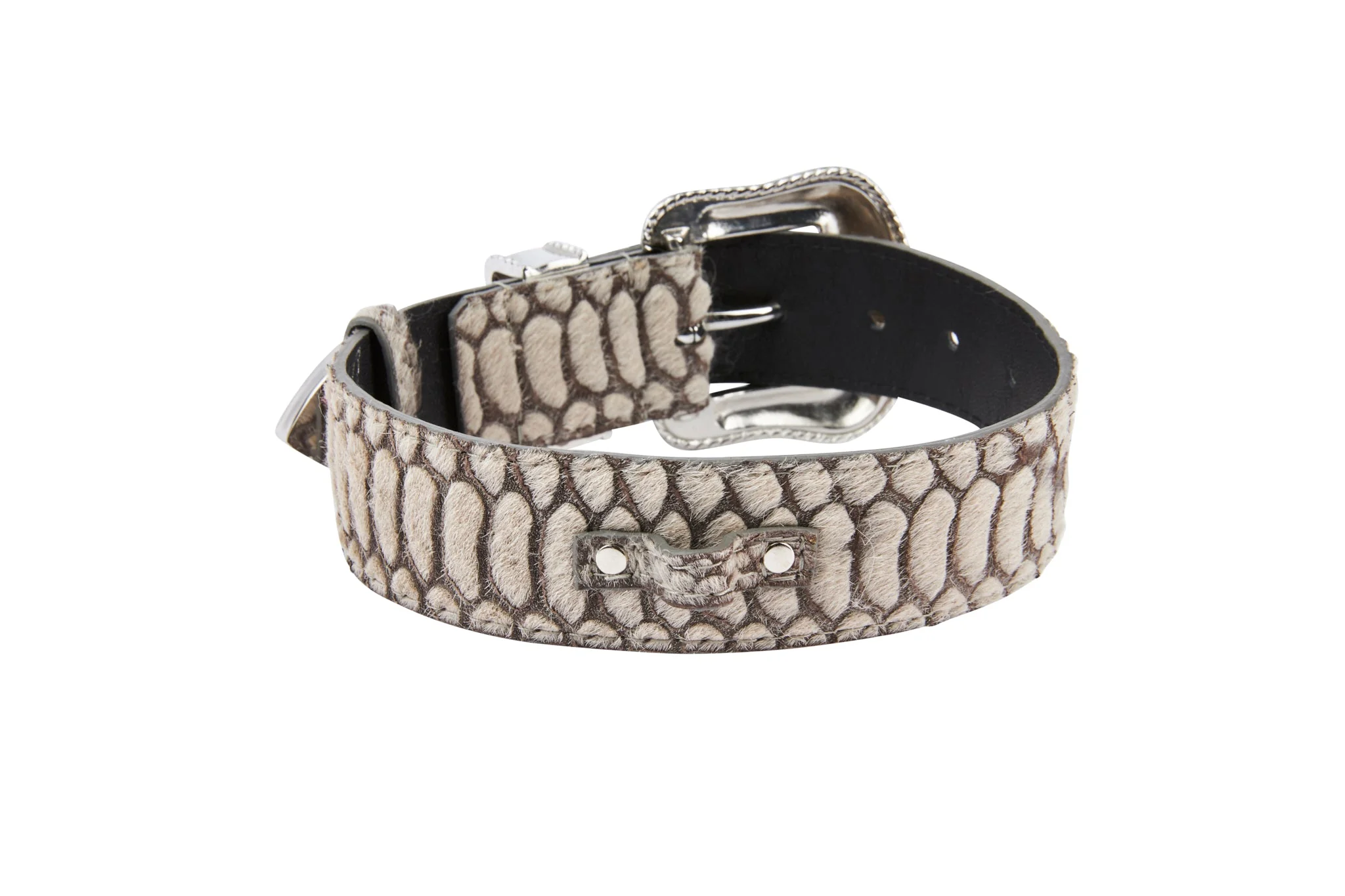 Grey Snake Print Hair On Hide Italian Leather Collar With Swarovski Crystal Hardware - Image 2