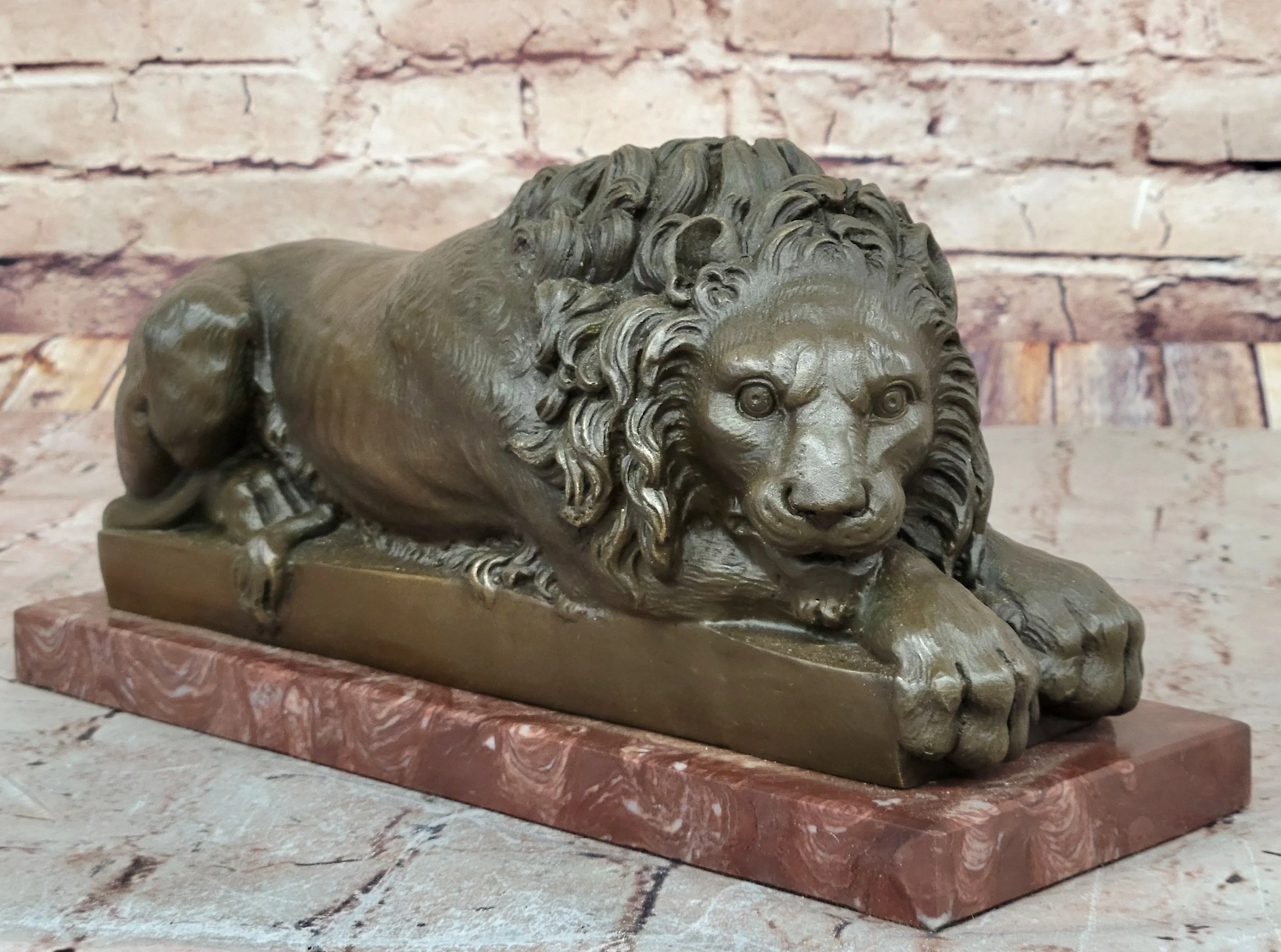 Guardian Lion Bronze Statue Sculpture Figure on Red Marble Base 7" x 12.5" - Image 3
