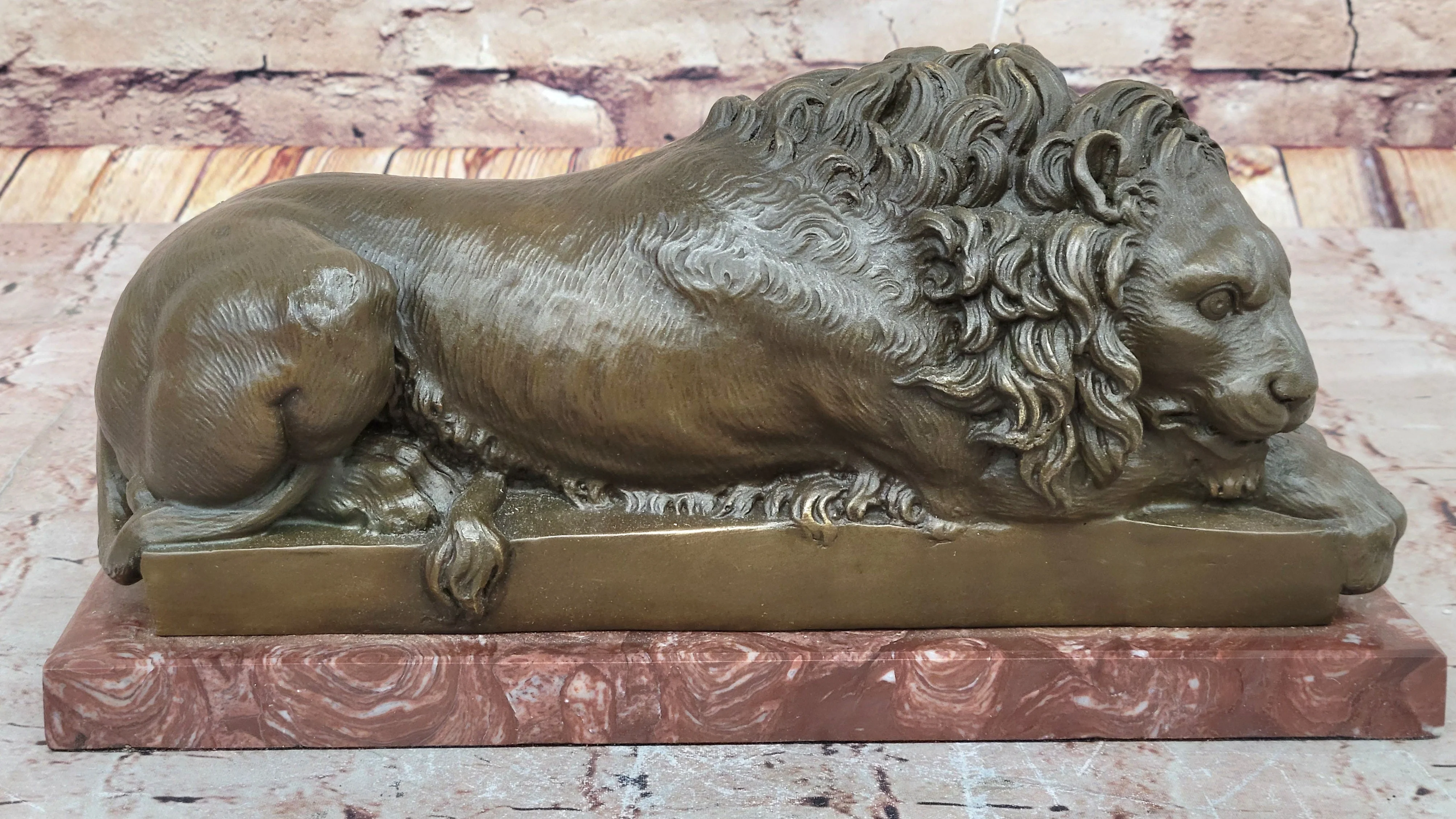 Guardian Lion Bronze Statue Sculpture Figure on Red Marble Base 7" x 12.5" - Image 4