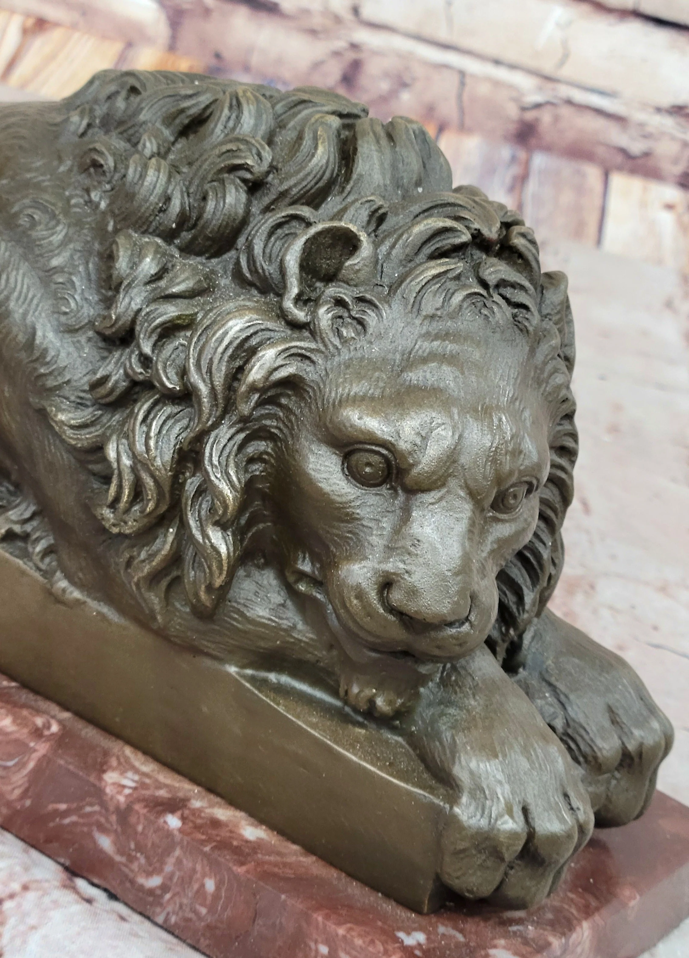 Guardian Lion Bronze Statue Sculpture Figure on Red Marble Base 7" x 12.5" - Image 7