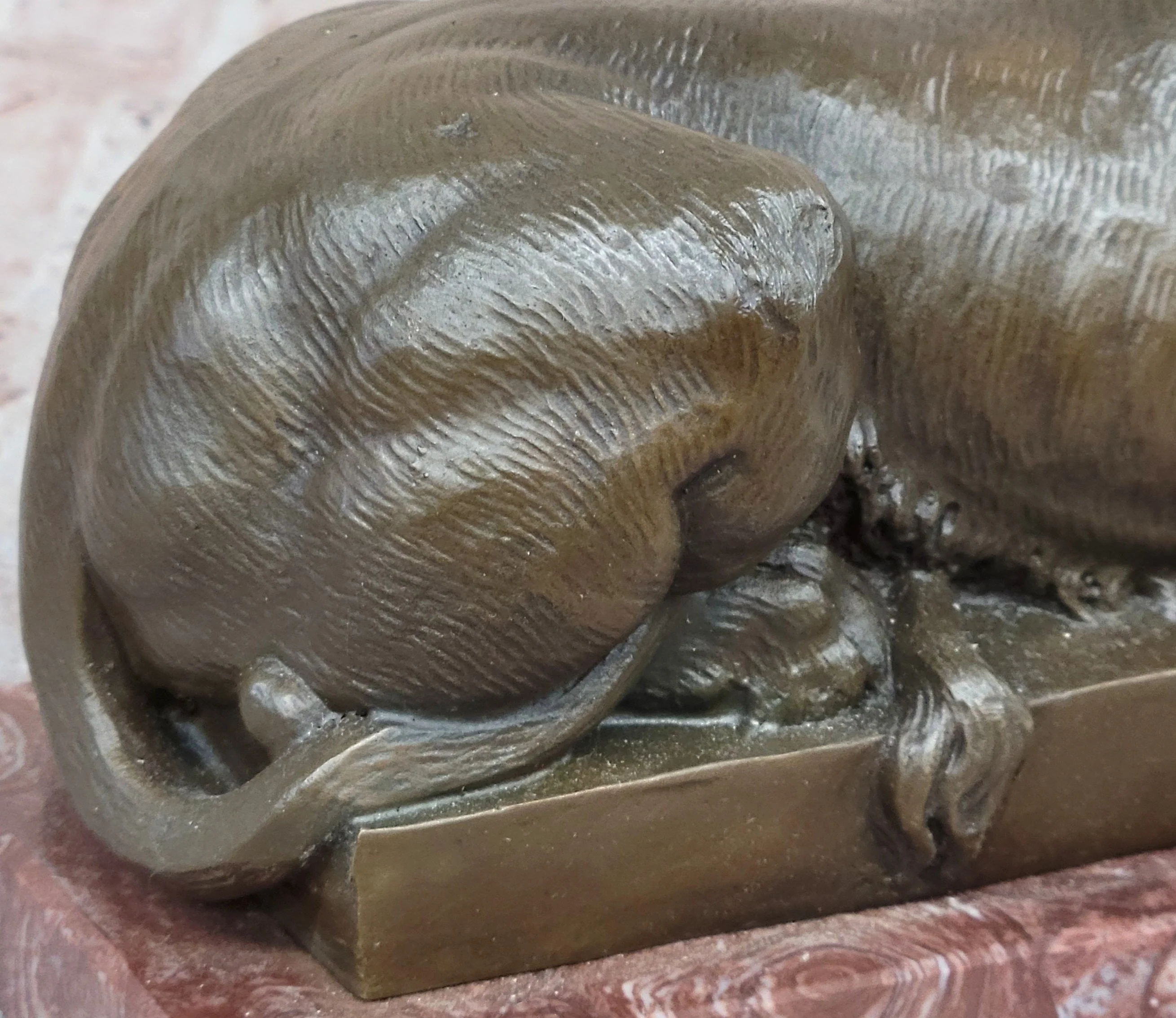 Guardian Lion Bronze Statue Sculpture Figure on Red Marble Base 7" x 12.5" - Image 9