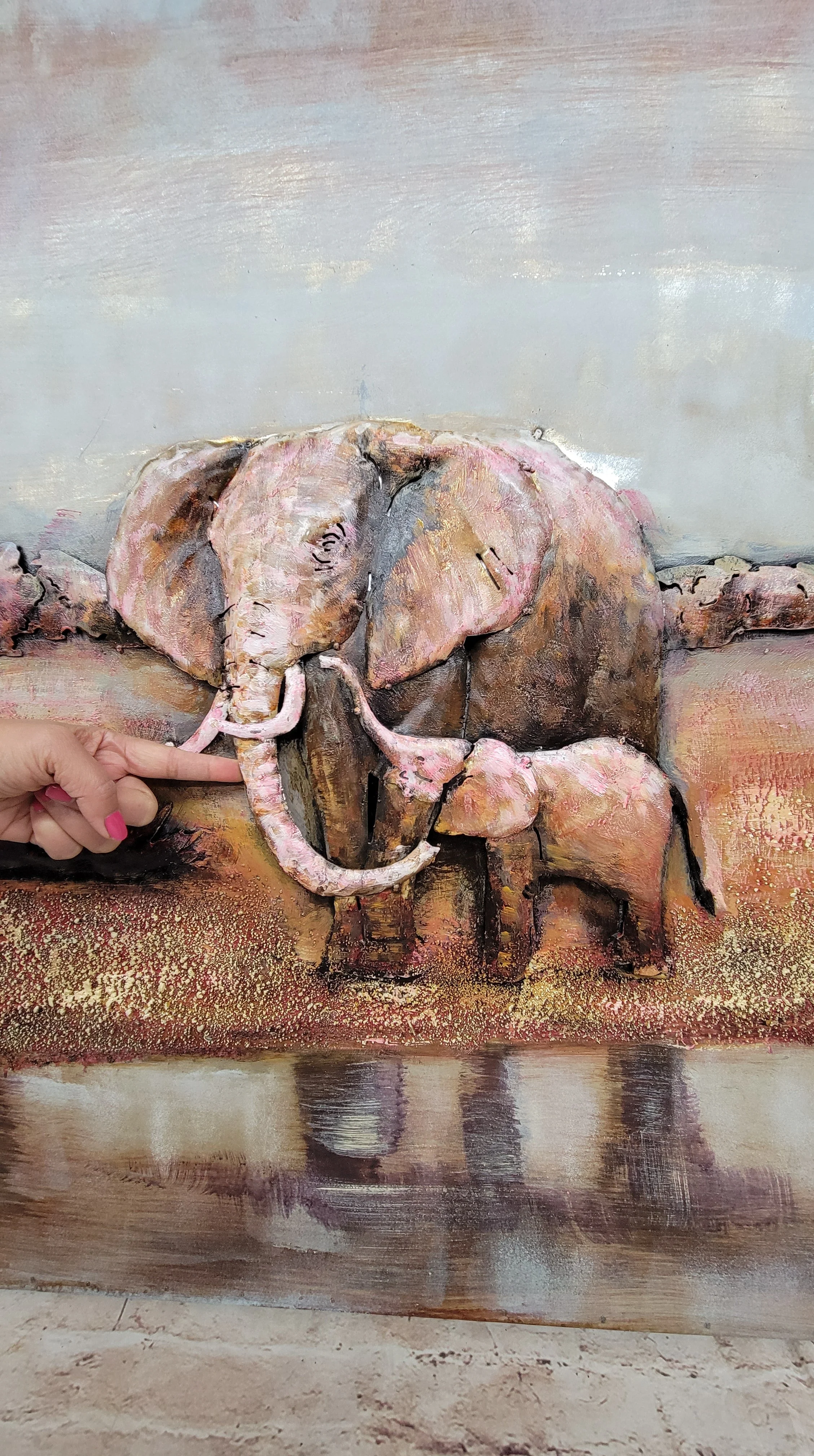 Hand Made Wildlife African Elephants Family 3-D Oil Painting on Metal Canvas - Image 2