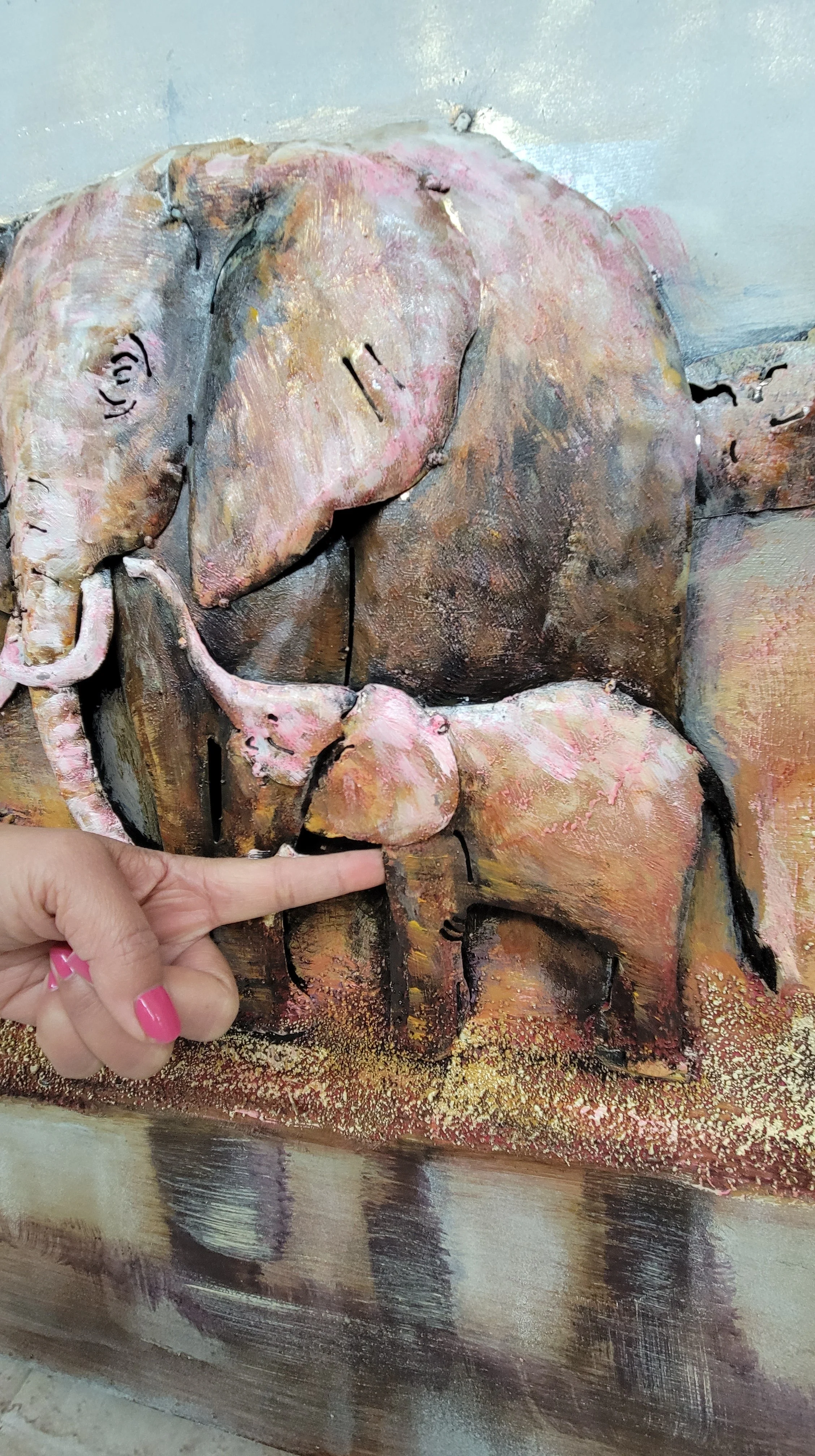 Hand Made Wildlife African Elephants Family 3-D Oil Painting on Metal Canvas - Image 4