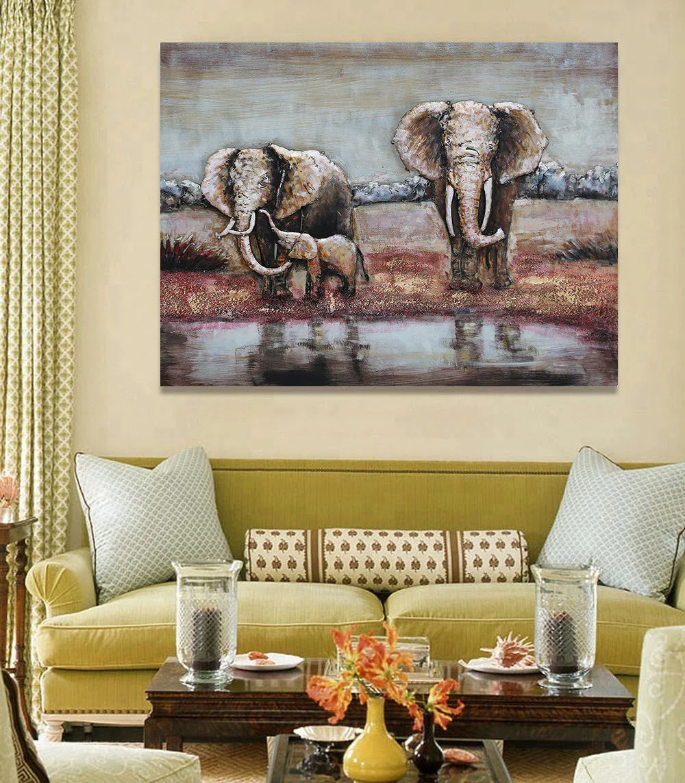 Hand Made Wildlife African Elephants Family 3-D Oil Painting on Metal Canvas - Image 8