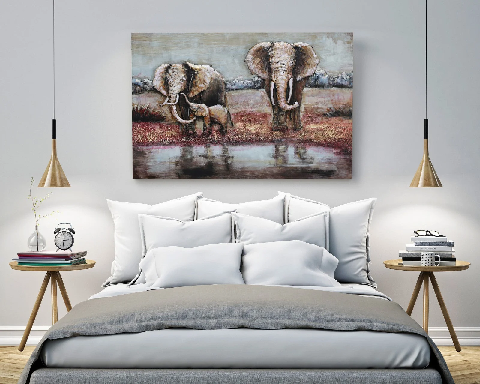 Hand Made Wildlife African Elephants Family 3-D Oil Painting on Metal Canvas - Image 9