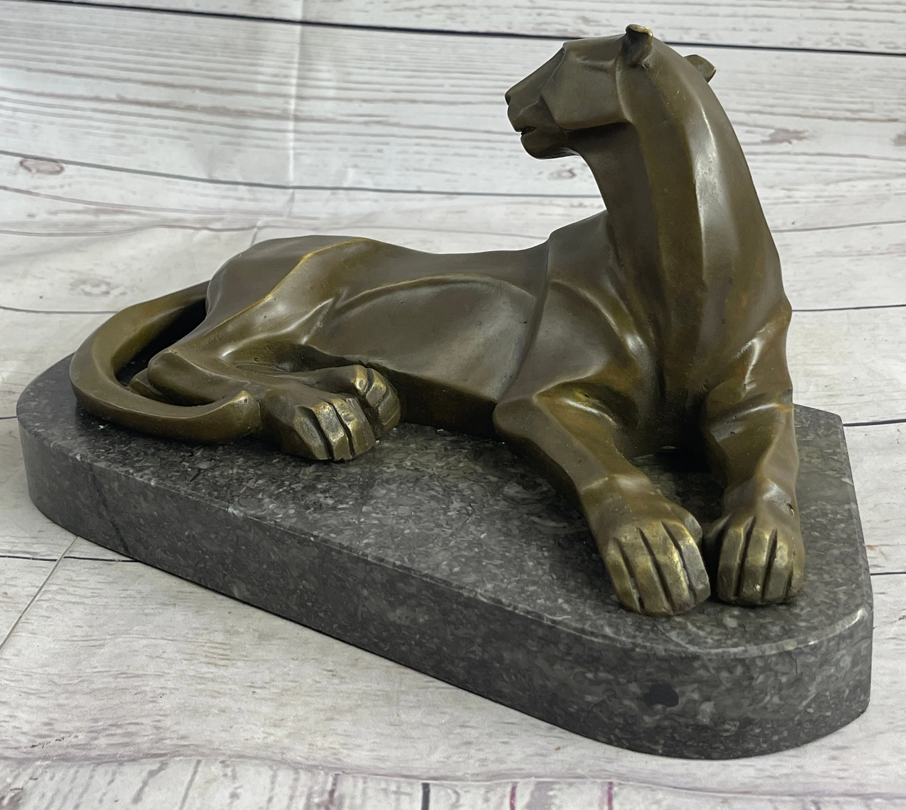 Handcrafted Henry Moore Mountain Lion Bronze Sculpture Marble Base Figurine - Image 5