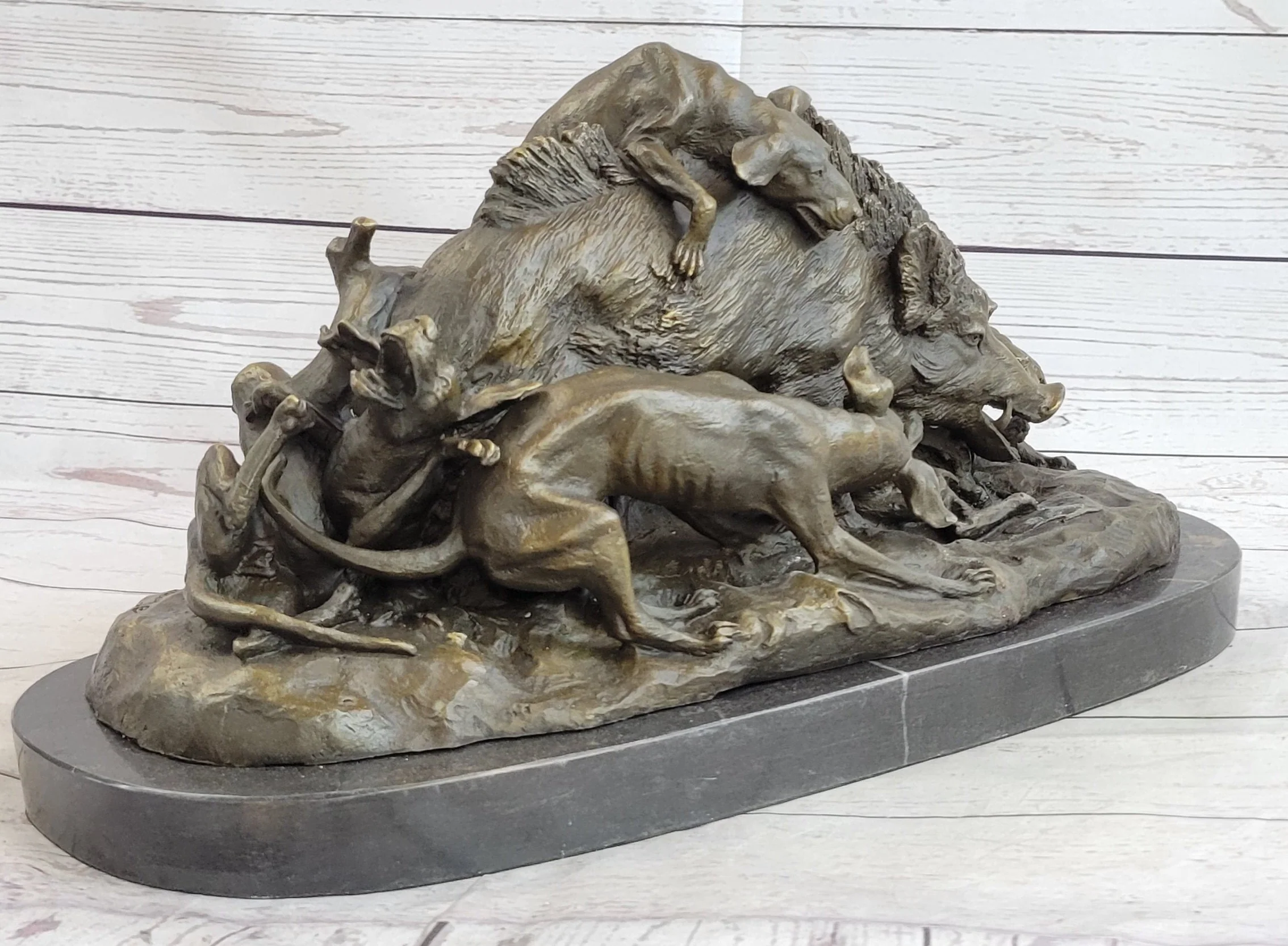 Handmade Vintage Lecourtier Wild Boar & Dogs Bronze Sculpture Figurine Figure - Image 5