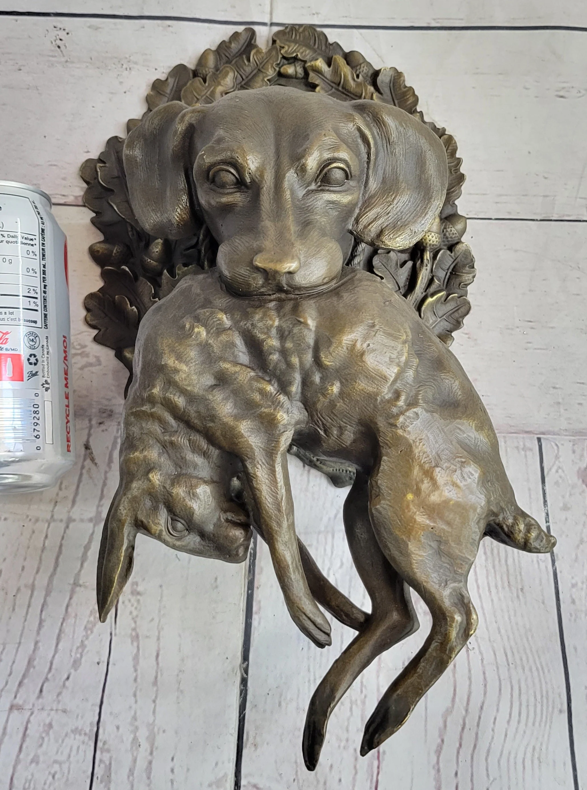 Hanging Wall Mounted Bronze Sculpture of Retriever Dog with Rabbit in Mouth 12" x 17" - Image 2