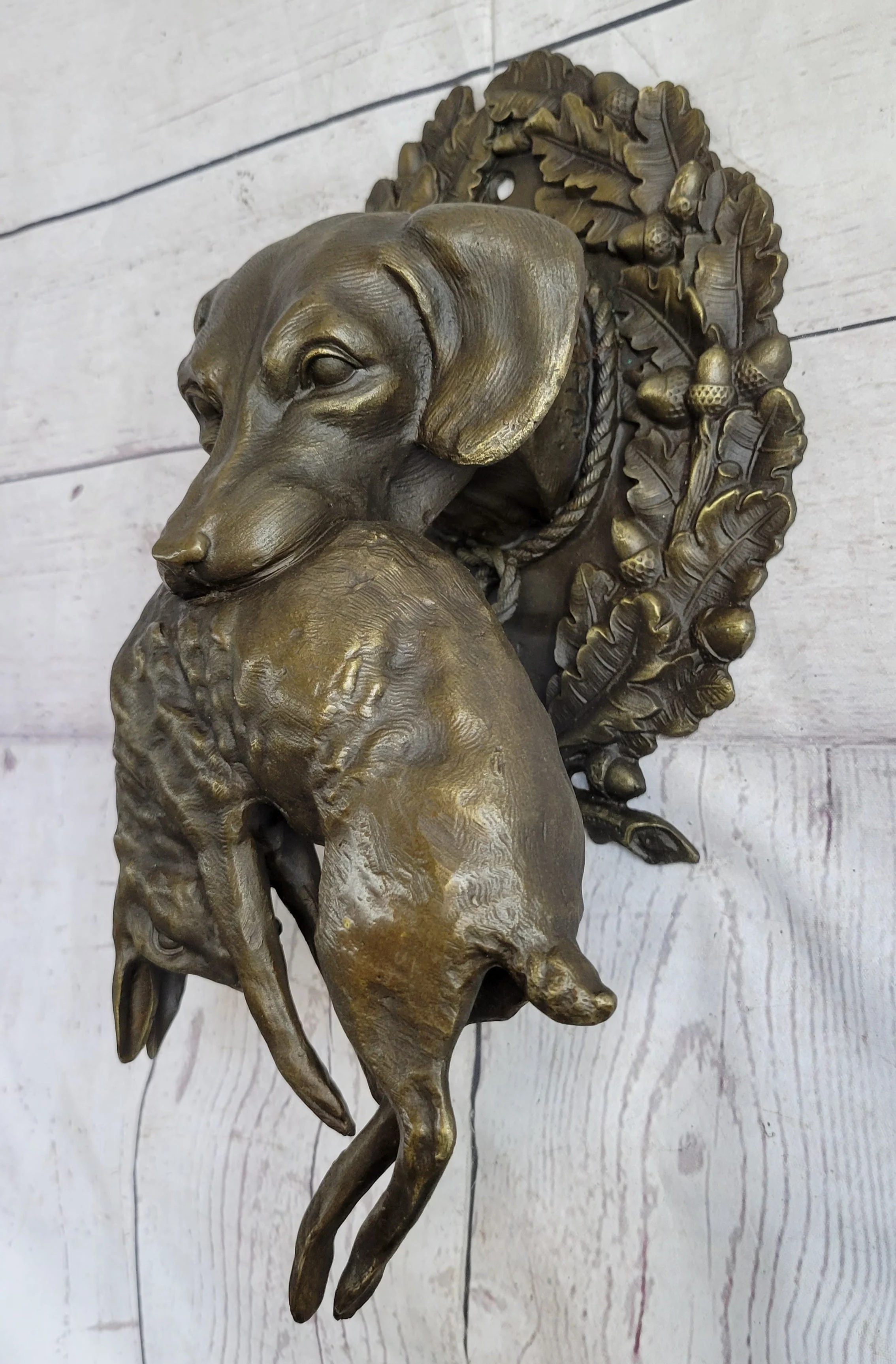 Hanging Wall Mounted Bronze Sculpture of Retriever Dog with Rabbit in Mouth 12" x 17" - Image 3