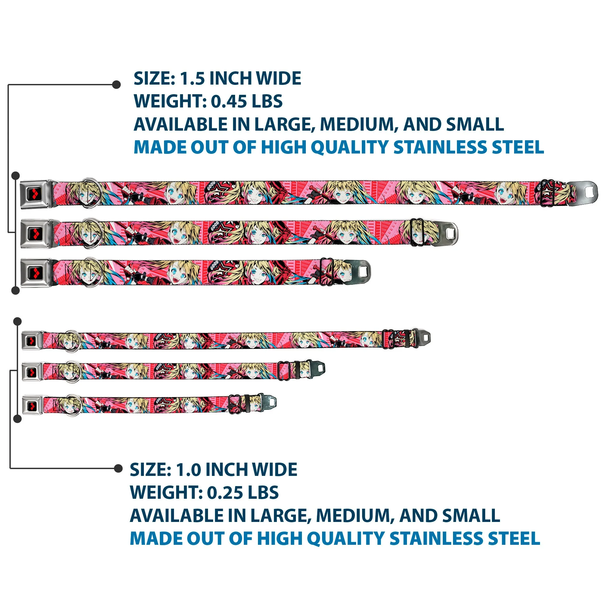 Harley Quinn Diamon Full Color Black/Red Seatbelt Buckle Collar - Harley Quinn Puddin Poses Anime Graphics Pink/Red - Image 3