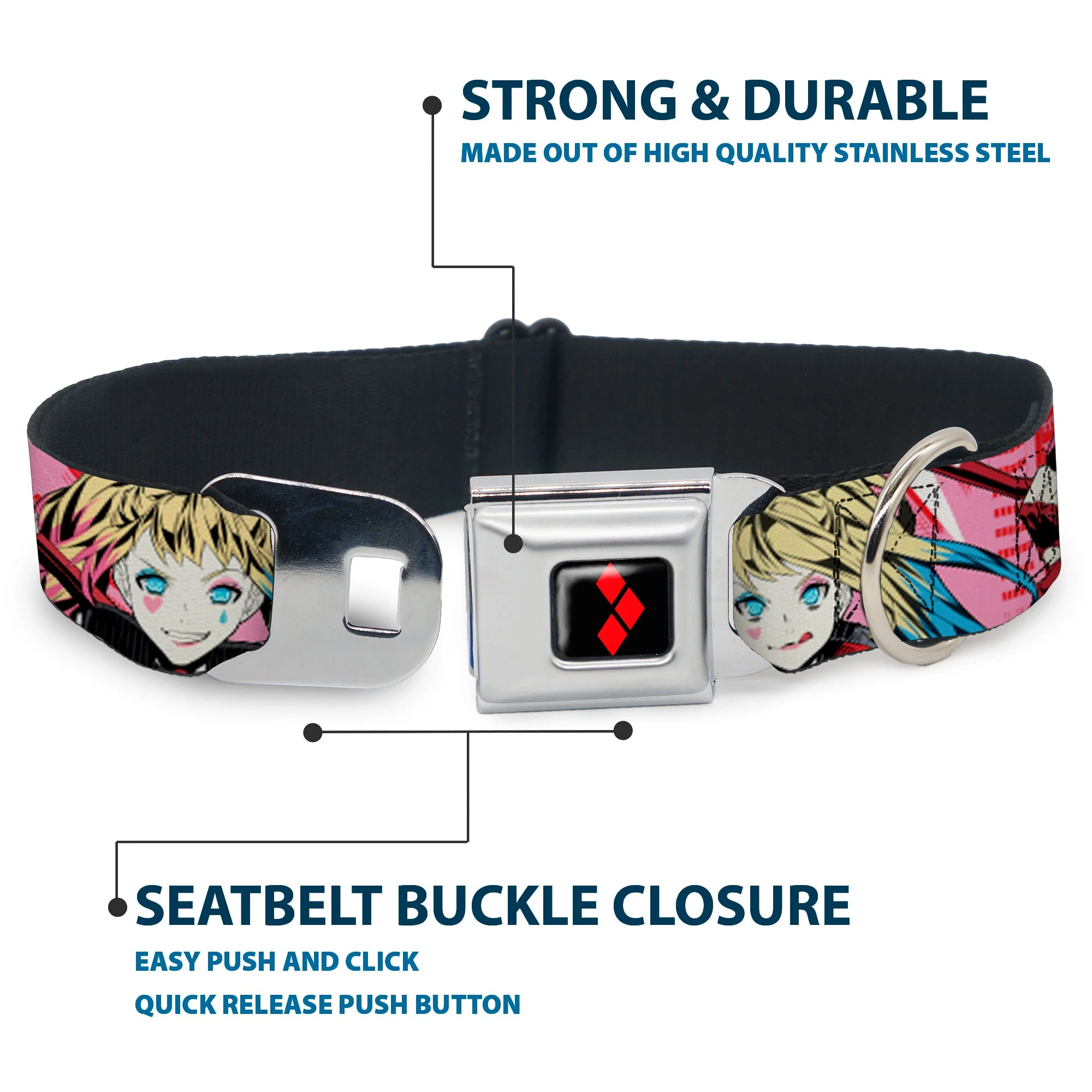 Harley Quinn Diamon Full Color Black/Red Seatbelt Buckle Collar - Harley Quinn Puddin Poses Anime Graphics Pink/Red - Image 4