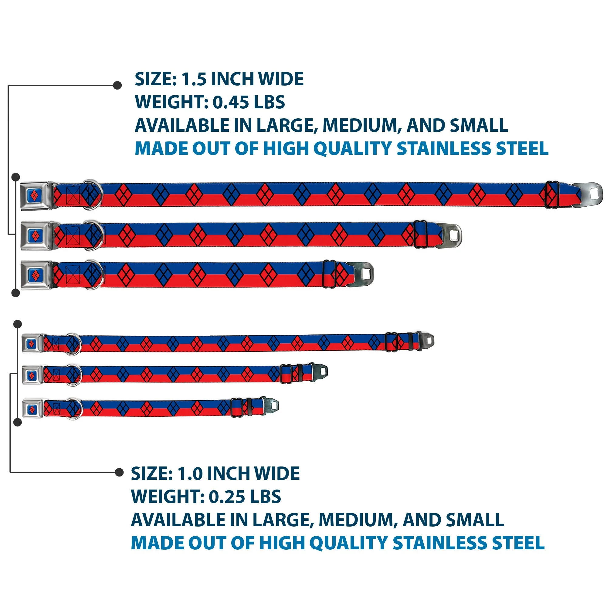 Harley Quinn Diamond Full Color Blue/Black/Red Seatbelt Buckle Collar - Harley Quinn Diamond/Stripe Red/Blue - Image 3