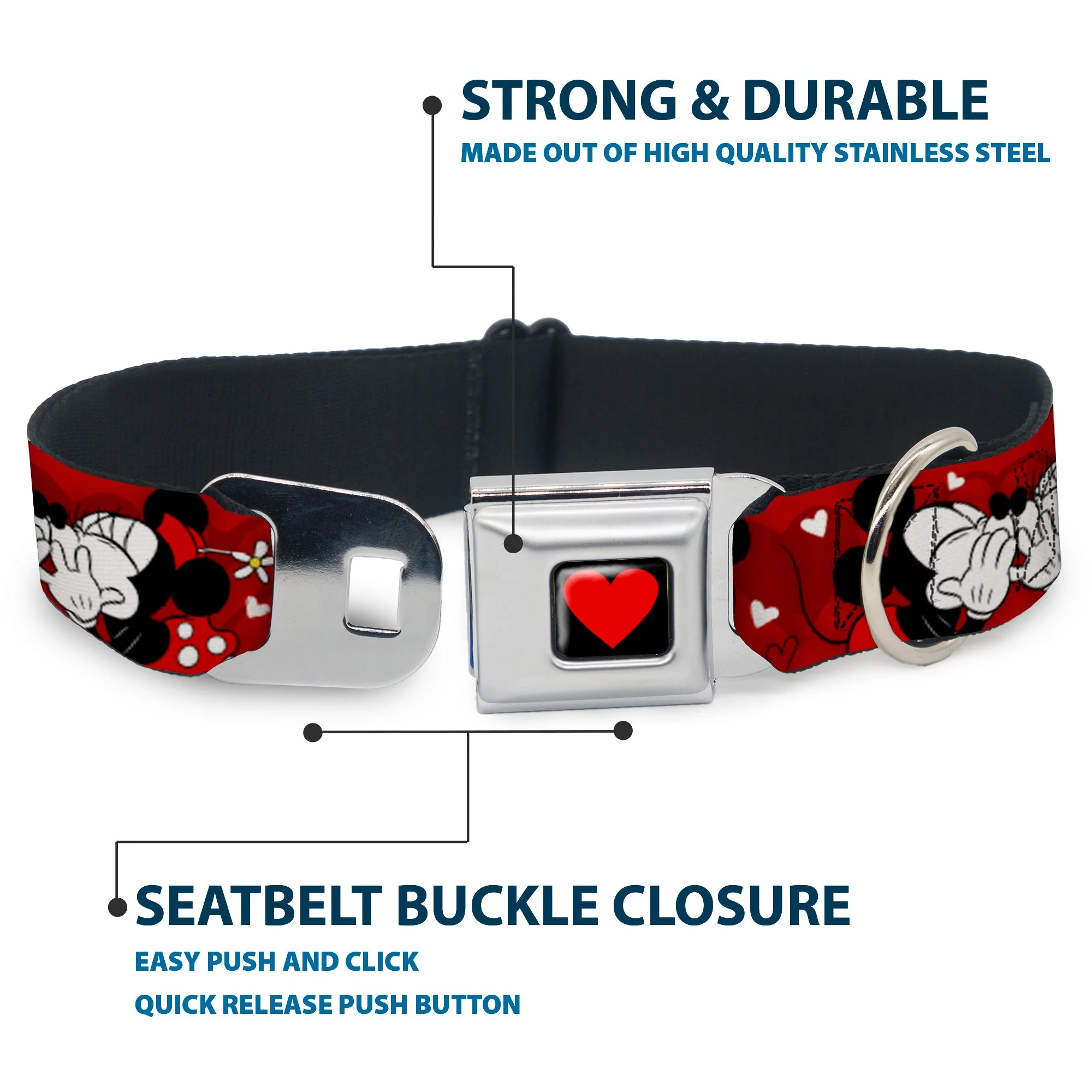 Heart Full Color Black/Red Seatbelt Buckle Collar - Mickey & Minnie HUGS & KISSES Poses Reds/White - Image 4