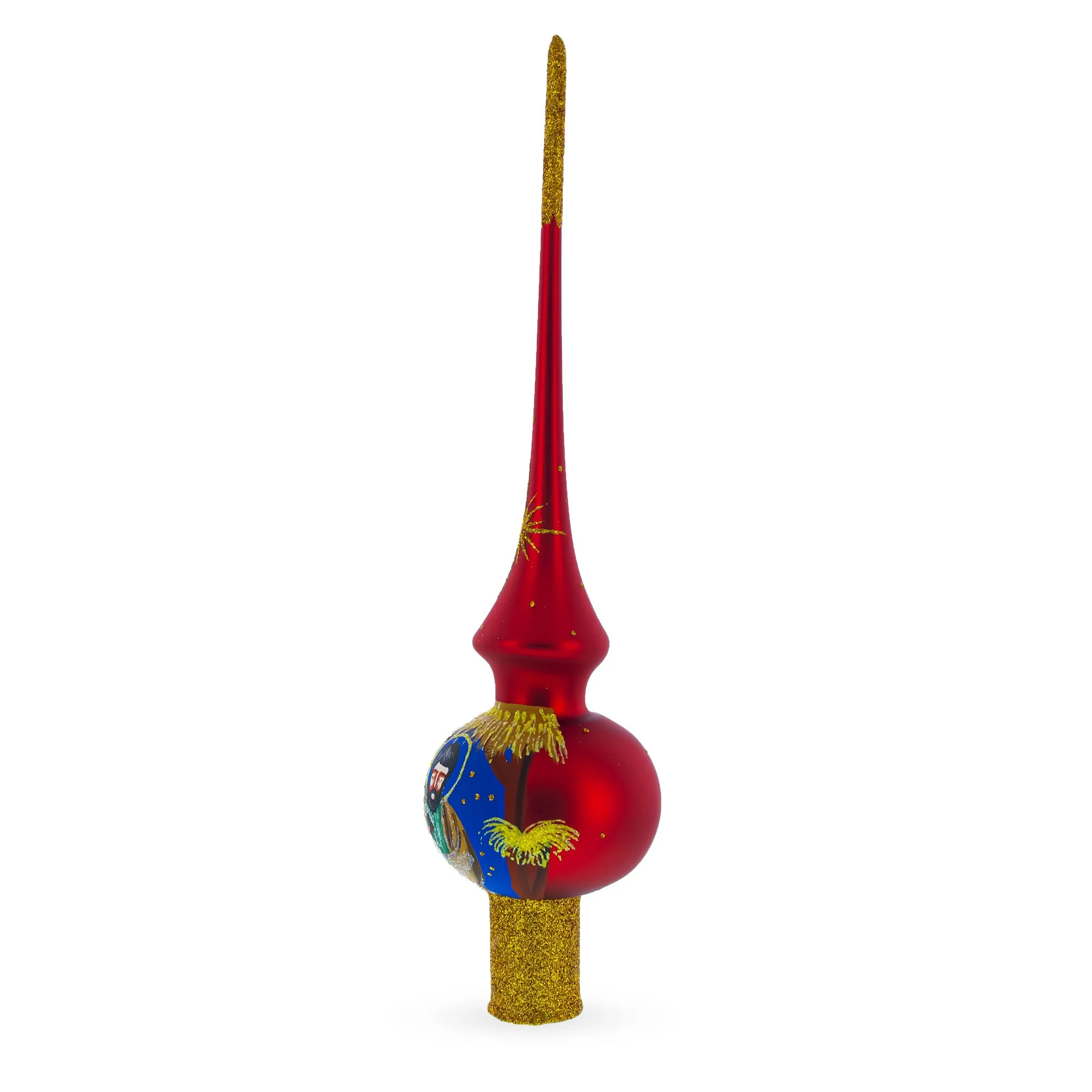 Holy Family Nativity Scene on Red Glass Christmas Tree Topper 11 Inches - Image 2