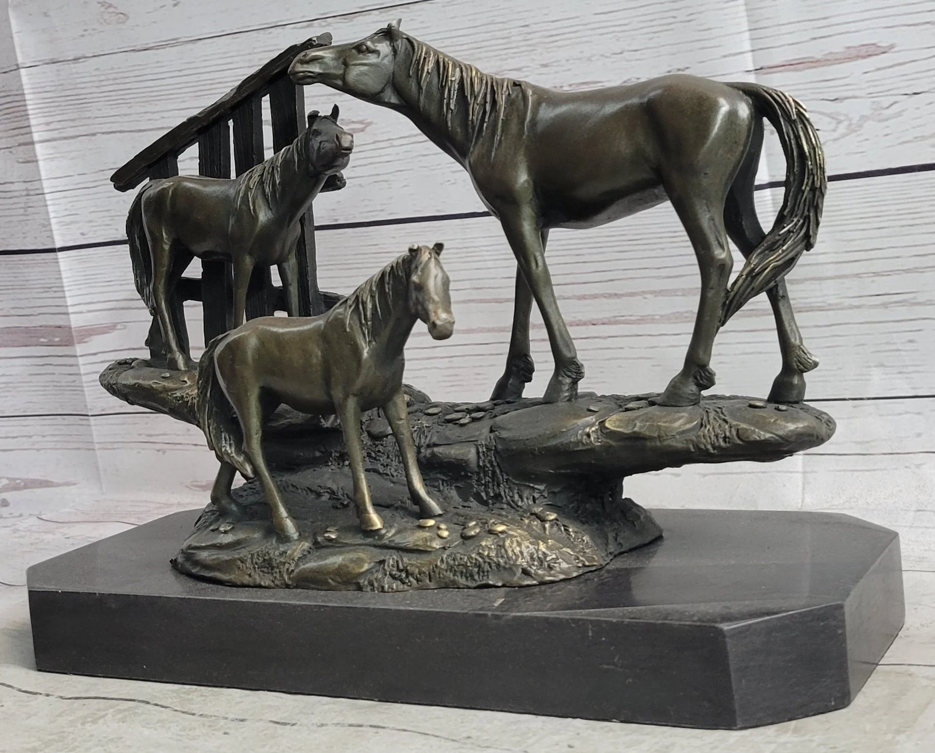 Horse Farm Horses Behind Stables Bronze Sculpture Statue Figure Equestrian Art Decor - Image 3