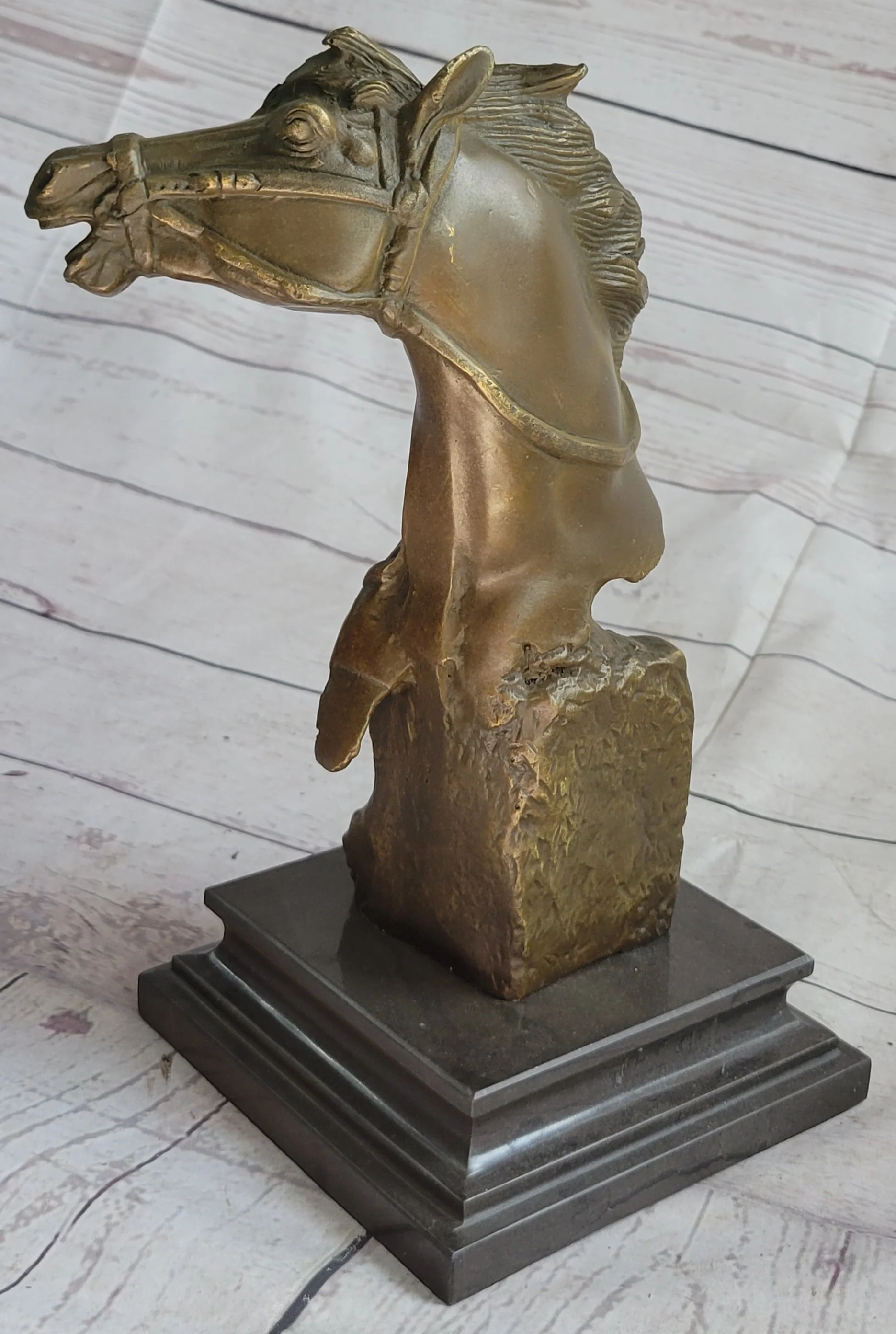 Horse Head Bust Abstract Bronze Metal Statue Sculpture Figure on Marble Base Original Art - Image 3