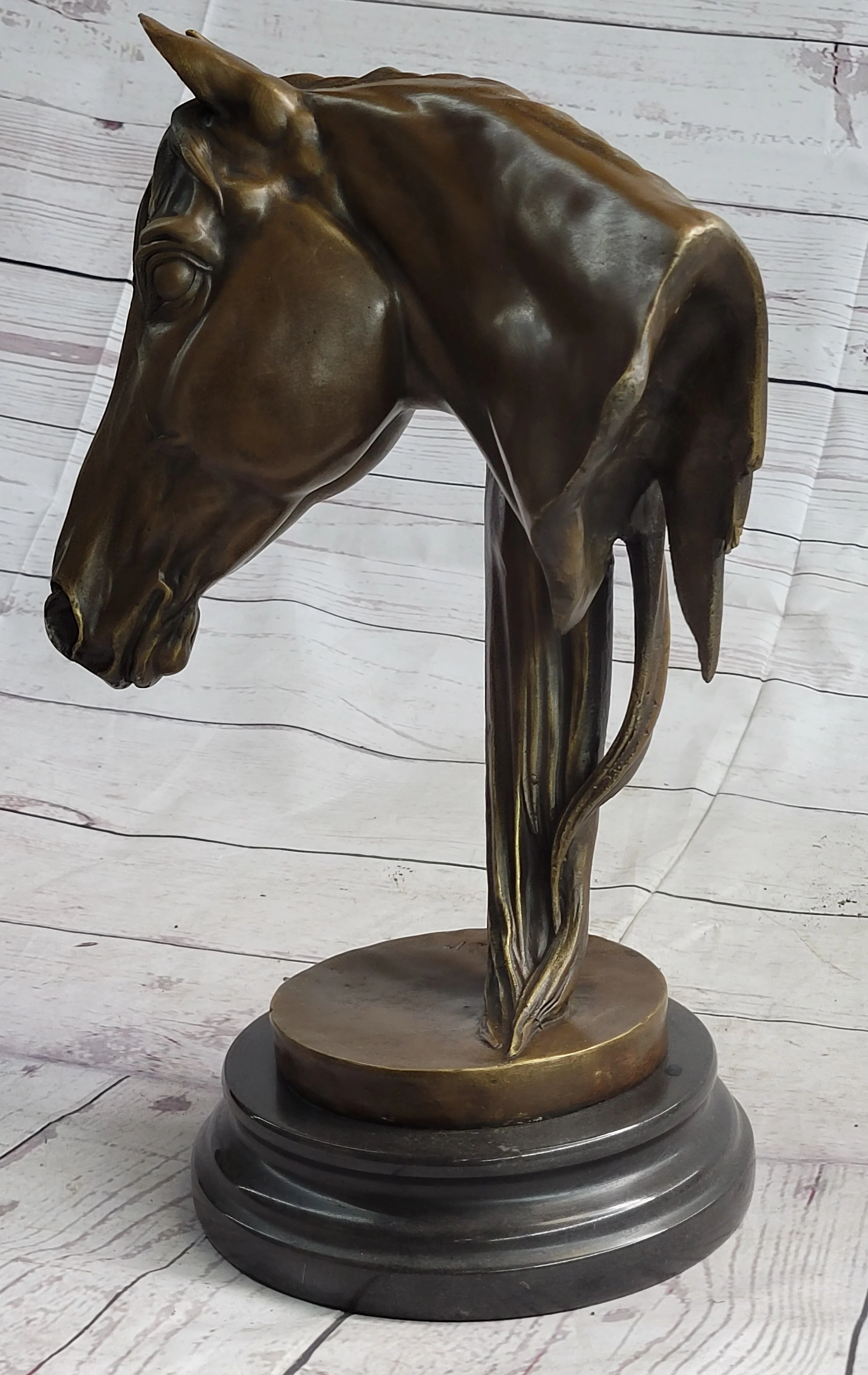 Horse Head Bust Equestrian Bronze Sculpture Statue Figure Decor on Marble Base Signed 13" x 9" - Image 6