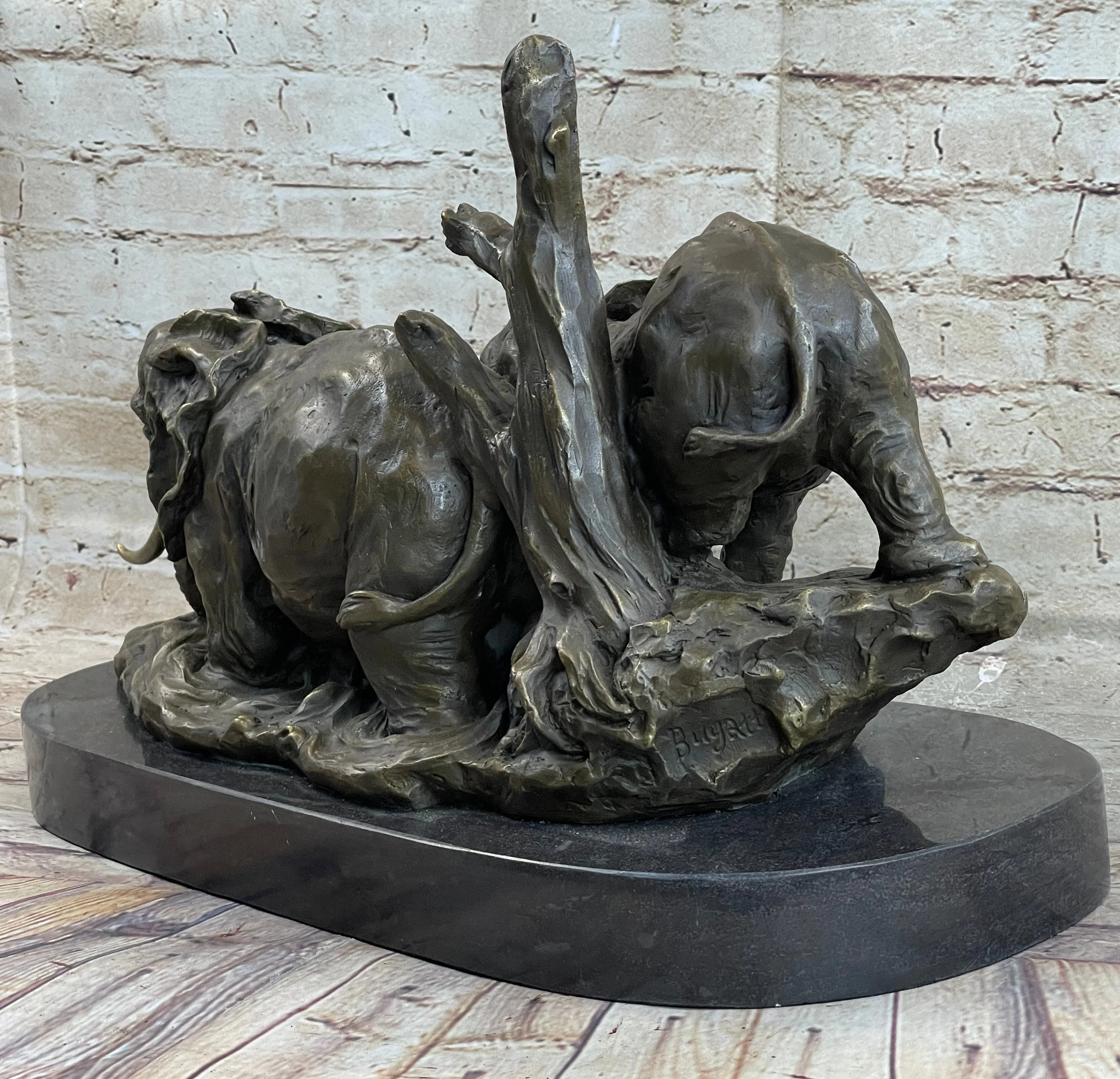 Hot Cast Bronze Sculpture Statue of Two Elephants on Marble Base - Image 4