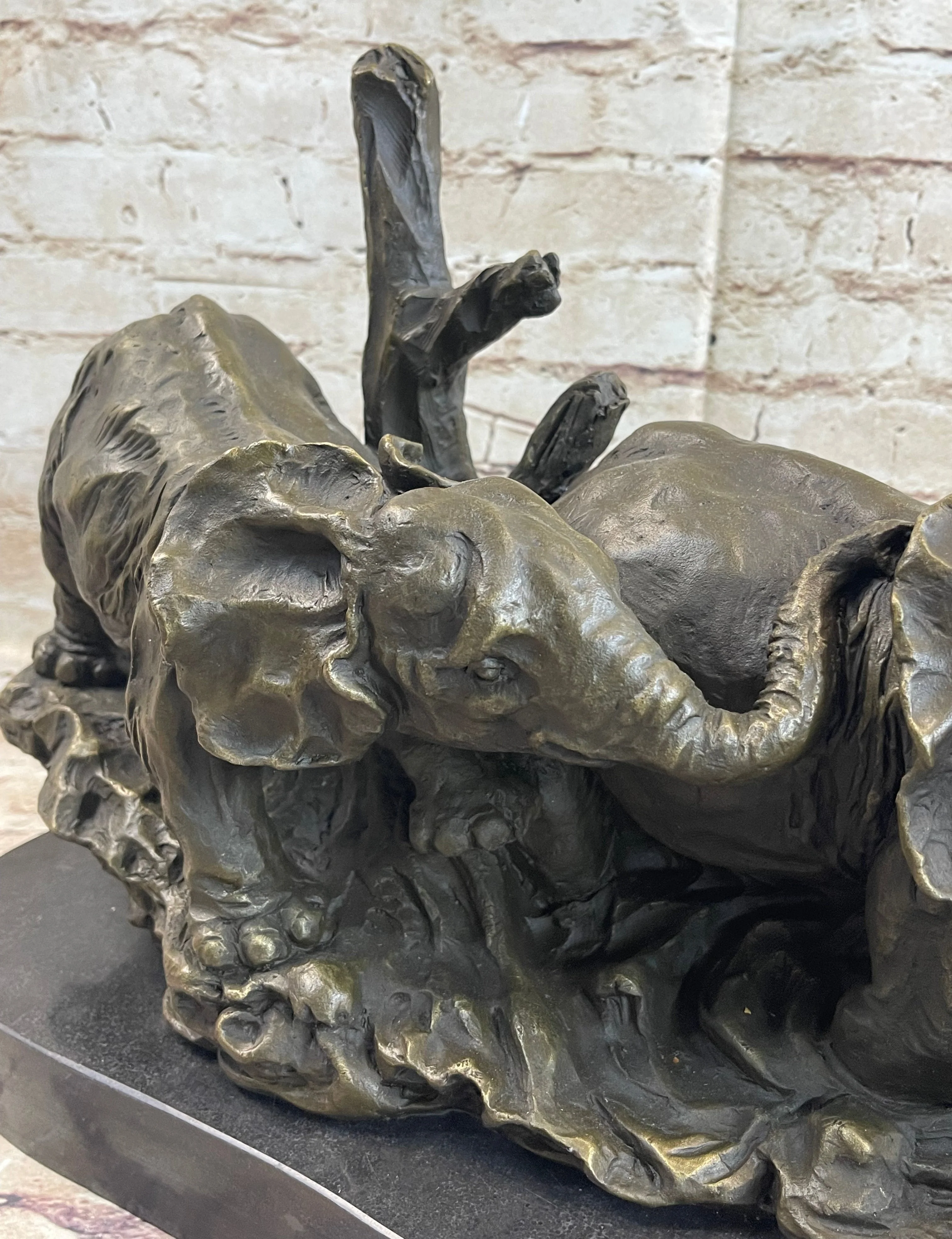 Hot Cast Bronze Sculpture Statue of Two Elephants on Marble Base - Image 7