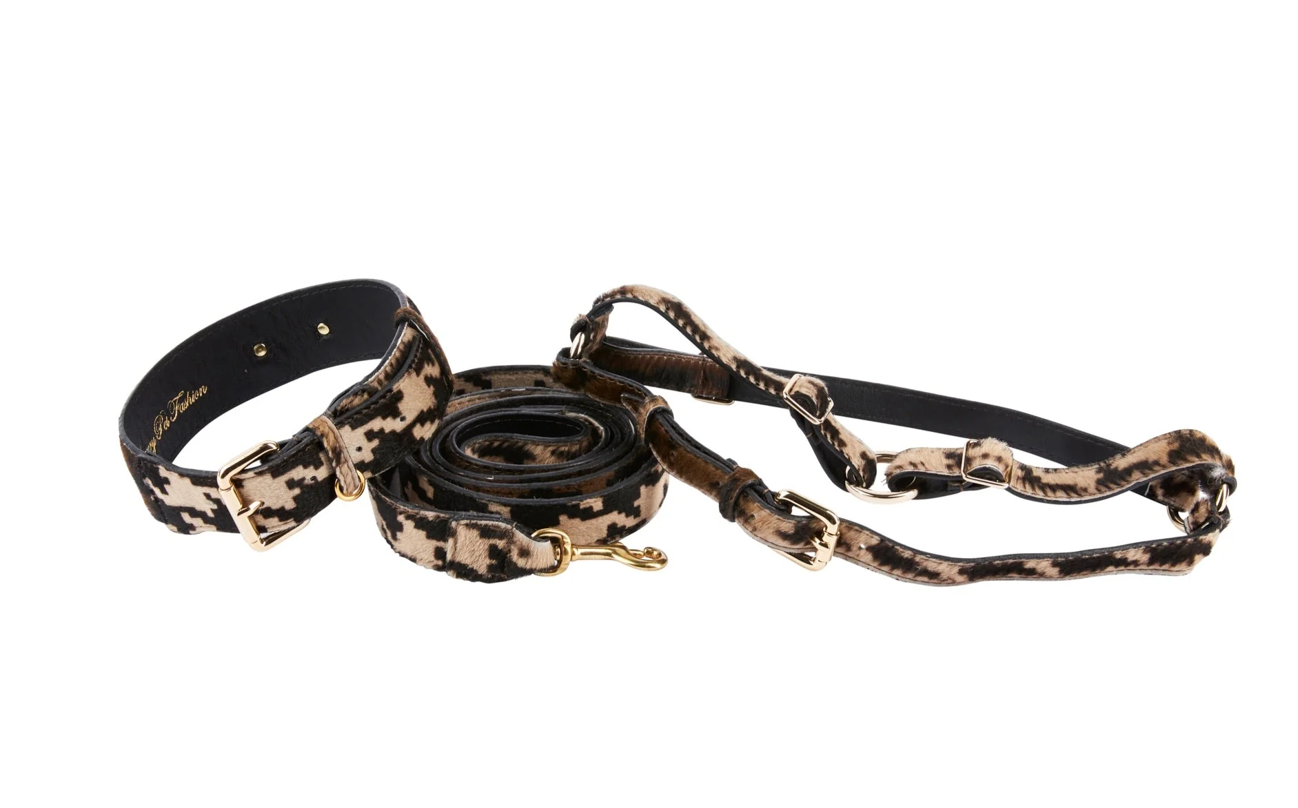 Houndstooth Hair On Hide On Hide Italian Leather Collar, Leash, Harness Set With Classic Hardware