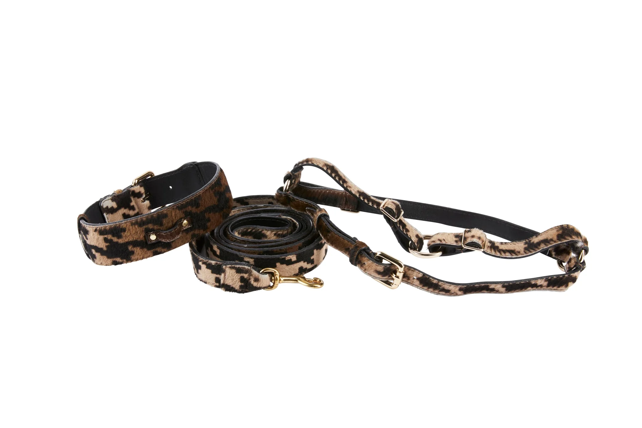 Houndstooth Hair On Hide On Hide Italian Leather Collar, Leash, Harness Set With Classic Hardware - Image 2